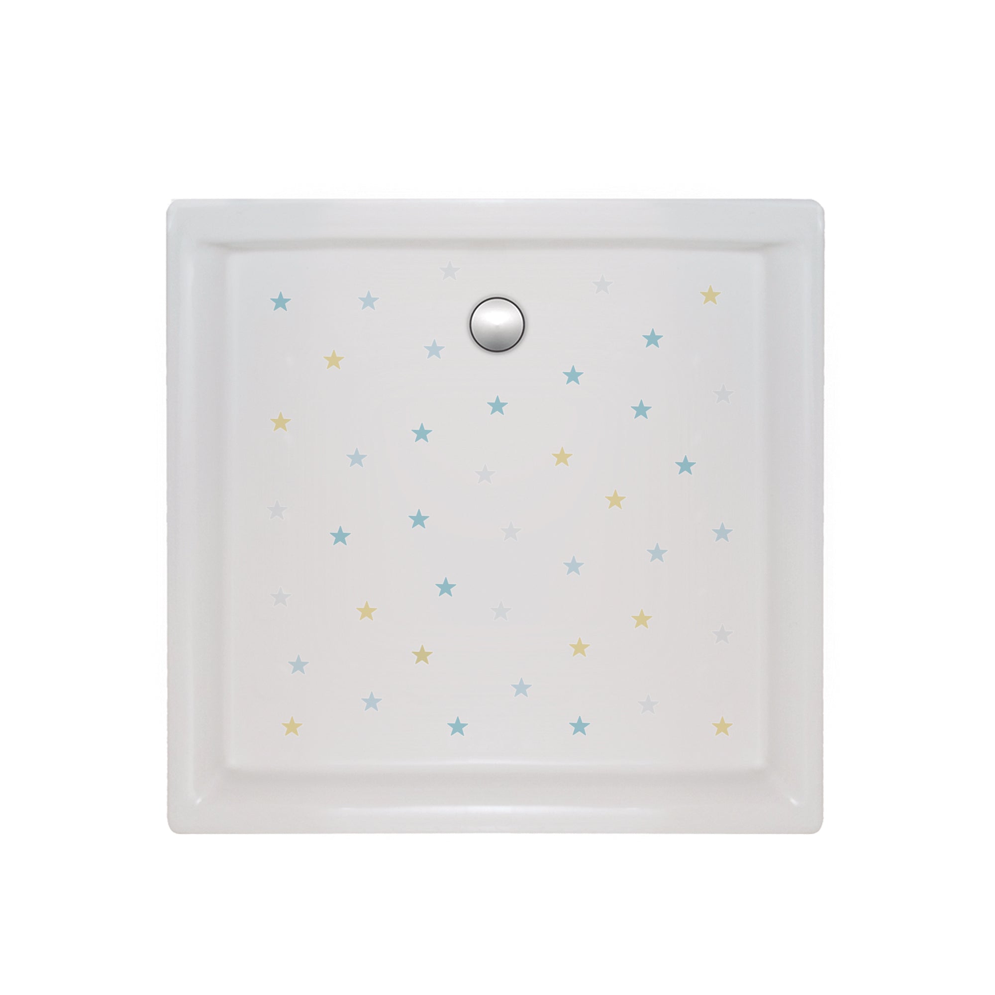 Colocación de pequeñas estrellas antideslizantes en plato de ducha para mayor seguridad. Colores suaves y discretos como blanco, azul, amarillo y gris_ Nicolasito.es #color_Azul