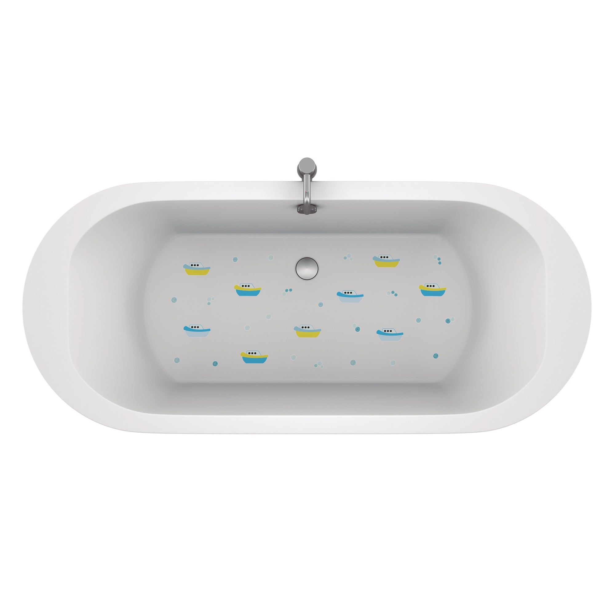 Plano general de una bañera con pegatinas antideslizantes de barcos azules, creando un baño divertido y seguro, ideal para quienes buscan decorar la bañera para los niños - Nicolasito.es #color_Azul