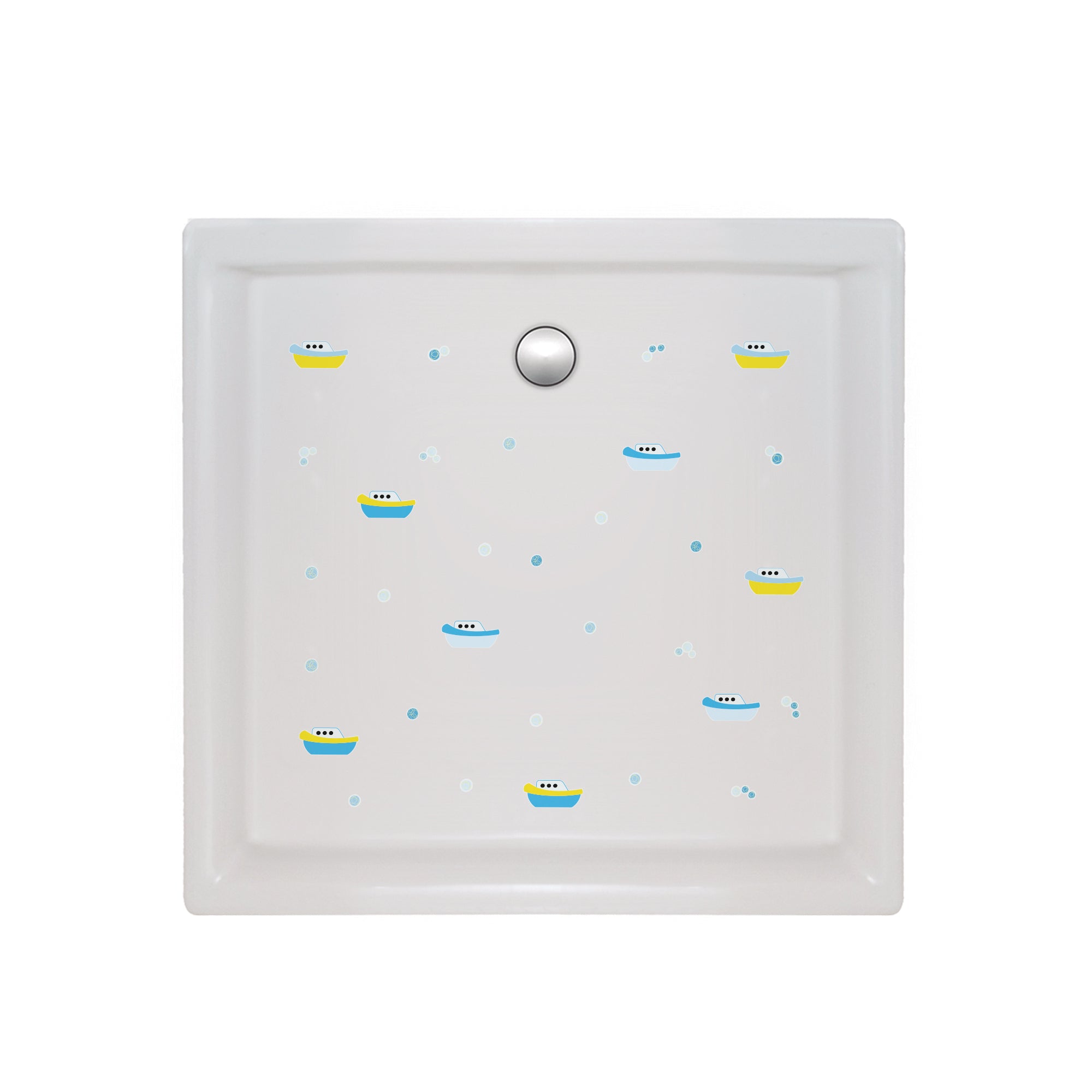 Imagen general de las pegatinas adhesivas de barcos azules aplicadas en el suelo de la ducha, ofreciendo un diseño funcional y seguro - Nicolasito.es #color_Azul