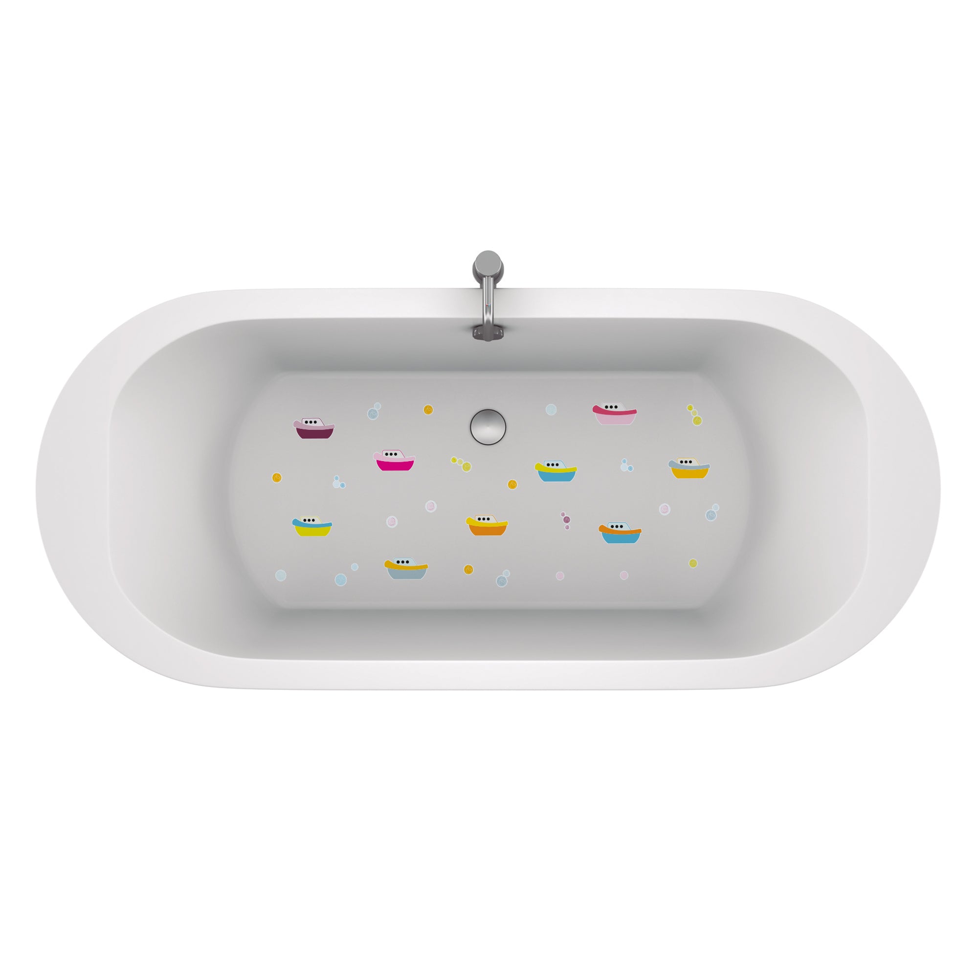Bañera con pegatinas antideslizantes de barcos multicolor, creando un baño colorido y seguro, ideal para quienes buscan decorar la bañera para los niños - Nicolasito.es #color_Multicolor