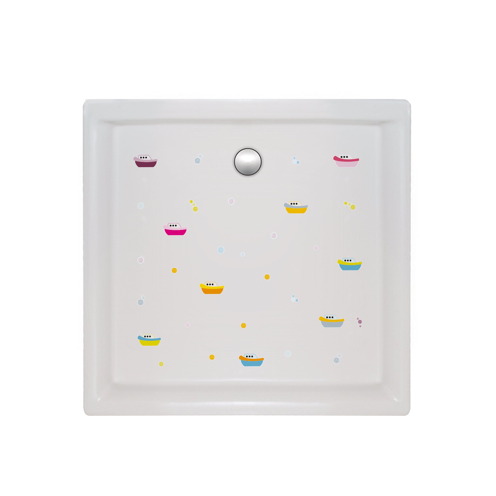 Imagen de las pegatinas adhesivas de barcos multicolor aplicadas en el suelo de la ducha, ofreciendo un diseño funcional y divertido - Nicolasito.es #color_Multicolor