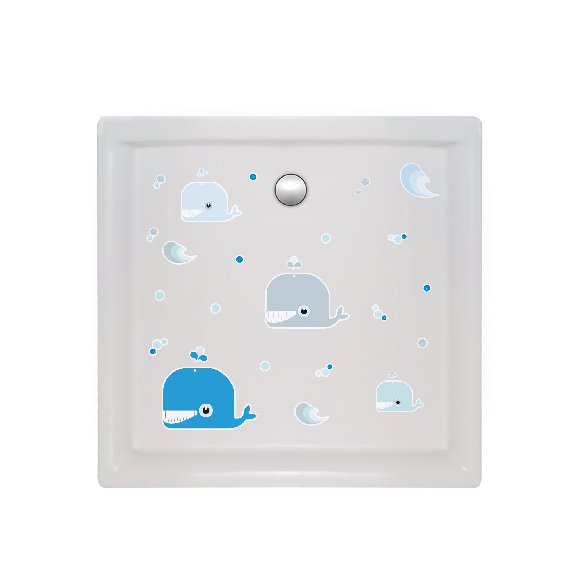 Imagen de ducha infantil con un set de 5 ballenas de color azul antideslizantes para evitar resbalones durante el baño creando un ambiente seguro - Nicolasito.es #color_Azul
