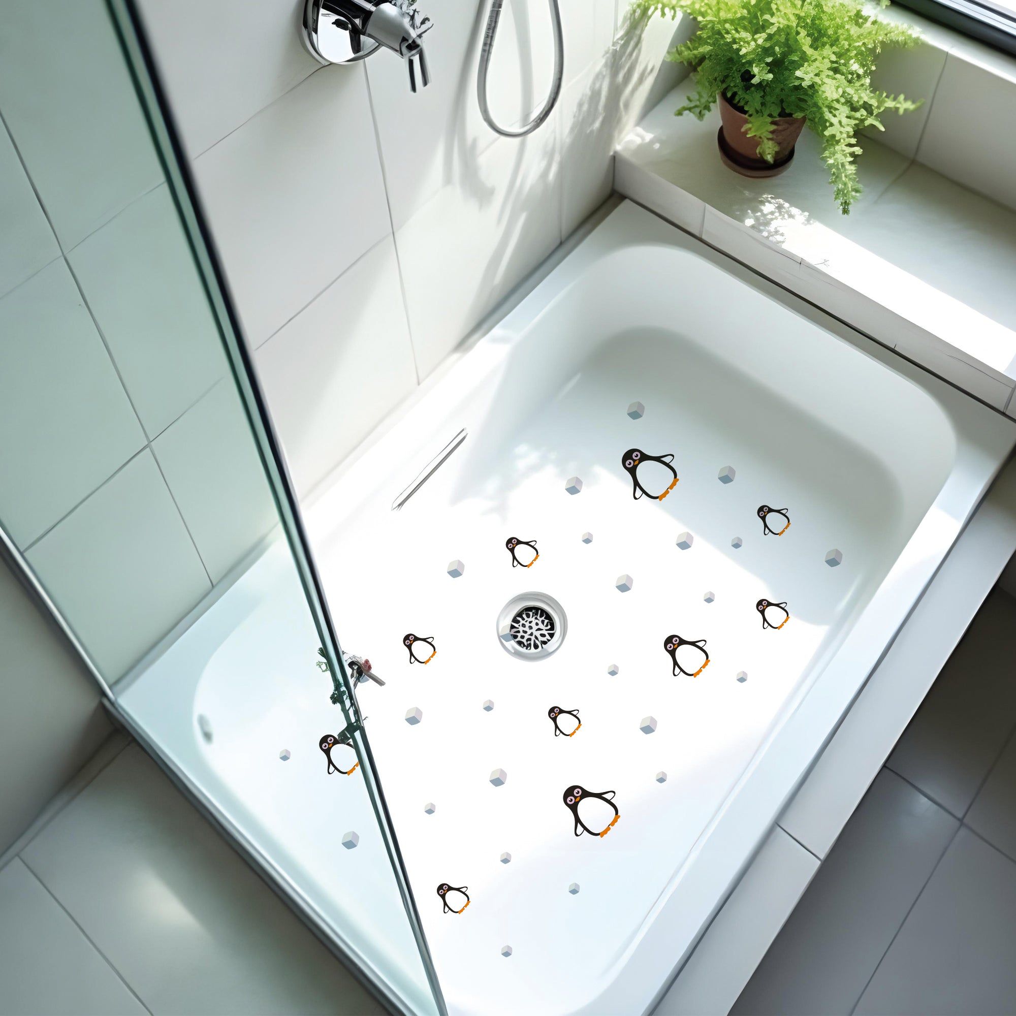 vista general de plato de ducha con pegatinas antideslizantes en forma de pingüinos de color negro y cubitos de hielo creando un ambiente divertido y seguro durante el baño - Nicolasito.es #color_Negro