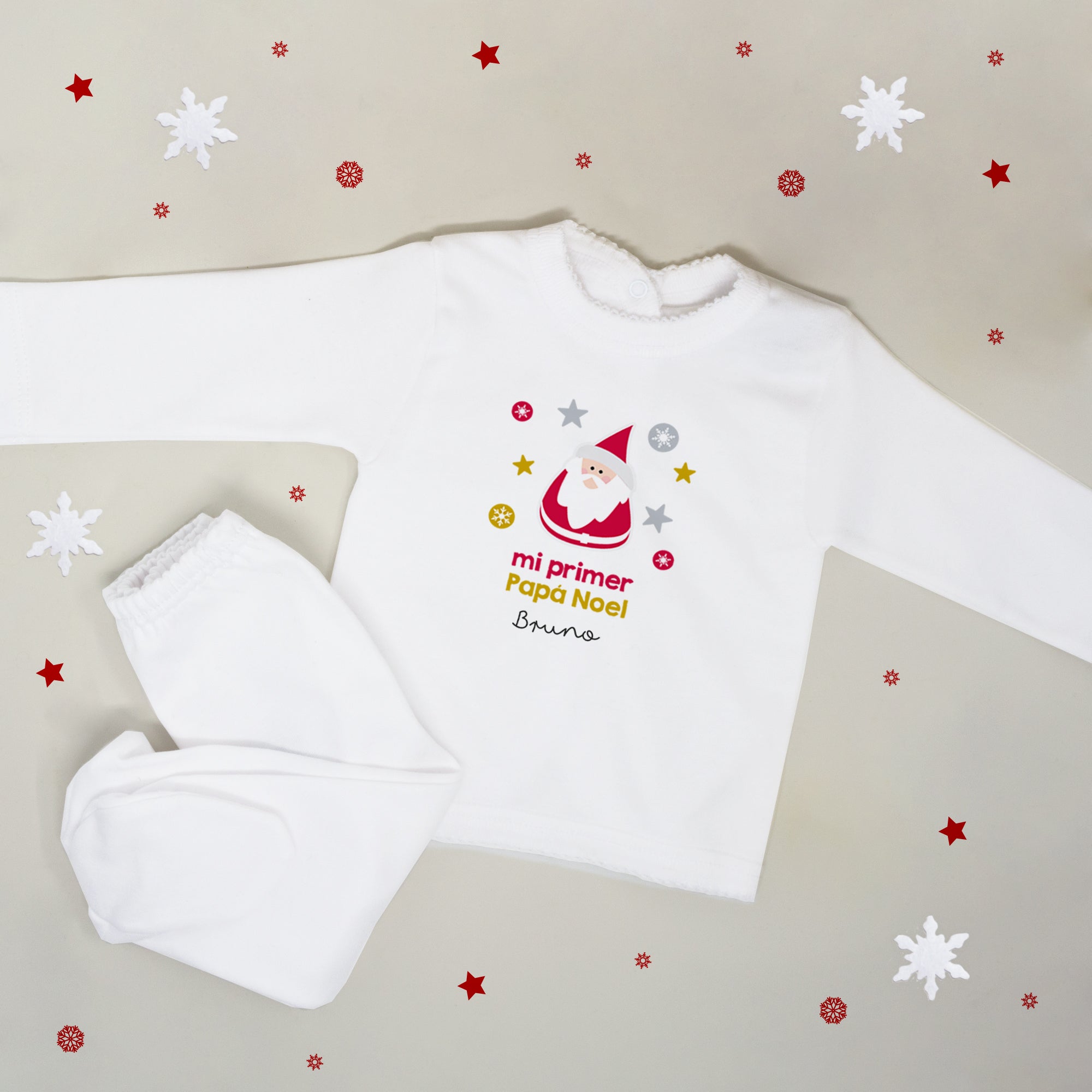 Conjunto de primera puesta de Papá Noel personalizado para bebé, dos piezas de algodón orgánico suaves y cómodas, ideales para su primera Navidad - Nicolasito.es