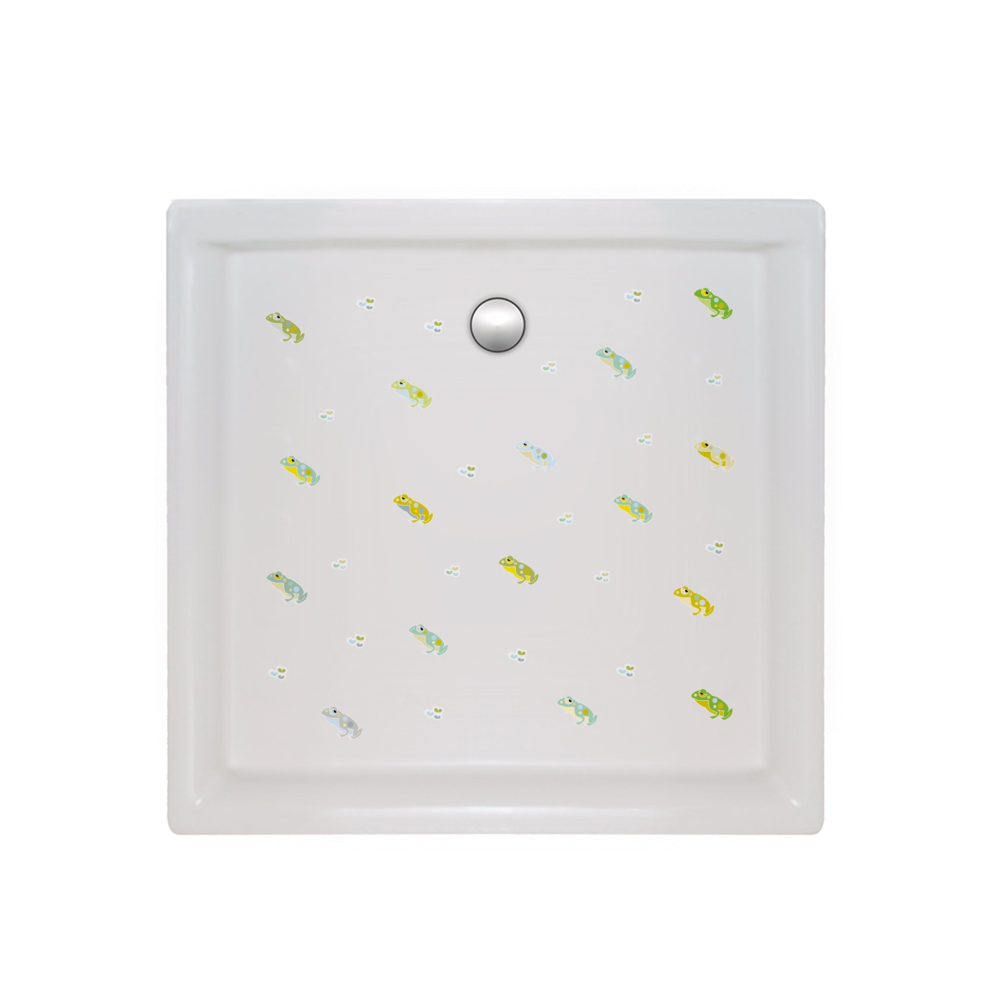 Colocacion de set de 16 vinilos antideslizantes infantiles en forma de sapitos sobre plato de ducha que ayuda a evitar resbalones durane el baño - Nicolasito.es