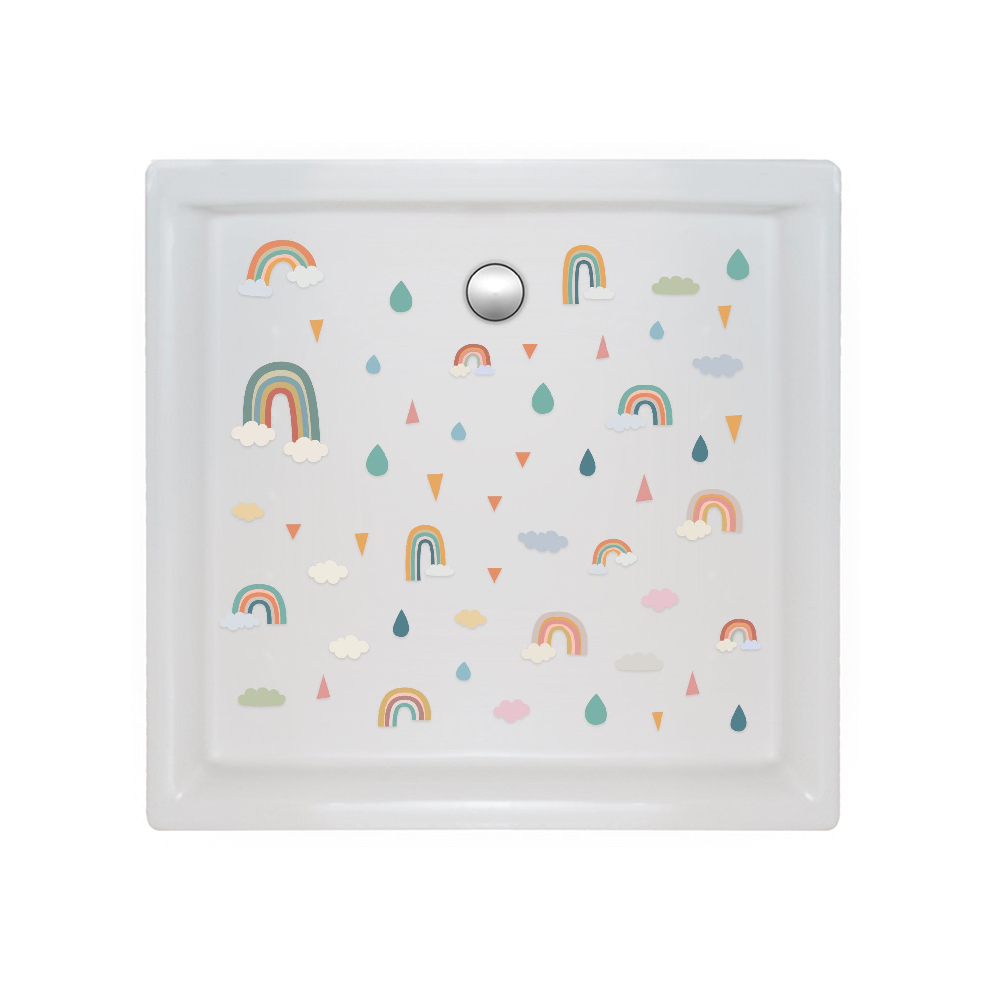 Set de 52 pegatinas antideslizantes infantiles en forma de arcoiris y nubes multicolor sobre un plato de ducha para enseñar como previenen resbalones durante el baño creando un ambiente seguro y divertido - Nicolasito.es