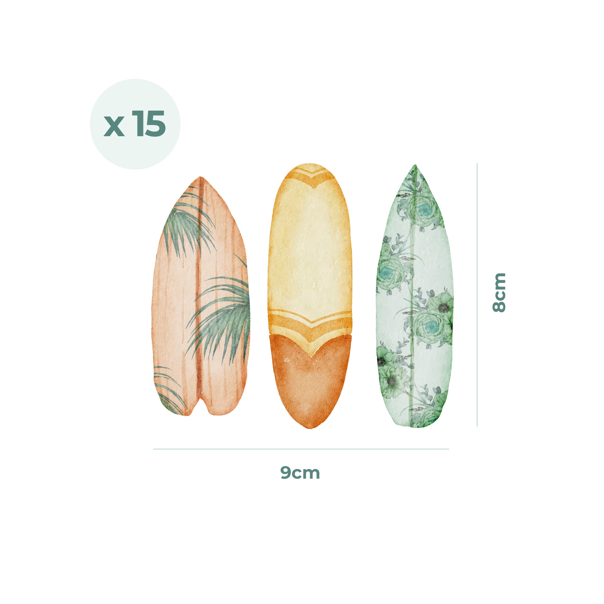 Imagen que muestra las medidas reales del vinilo decorativo tablas de surf adhesivas | Tamaño en centímetros y pulgadas | Decoración pared estilo surfero infantil - Nicolasito.es
