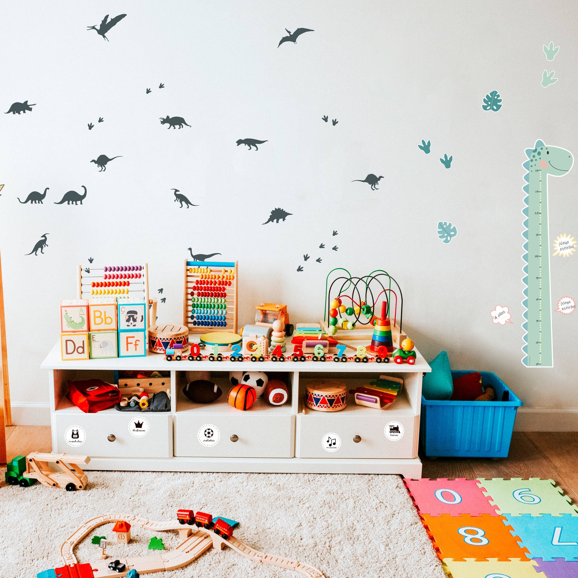 Vinilo para decoración de pared de dormitorio infantil con diseño de dinosaurios adhesivo fácil de colocar y quitar - Nicolasito.es #color_Gris oscuro