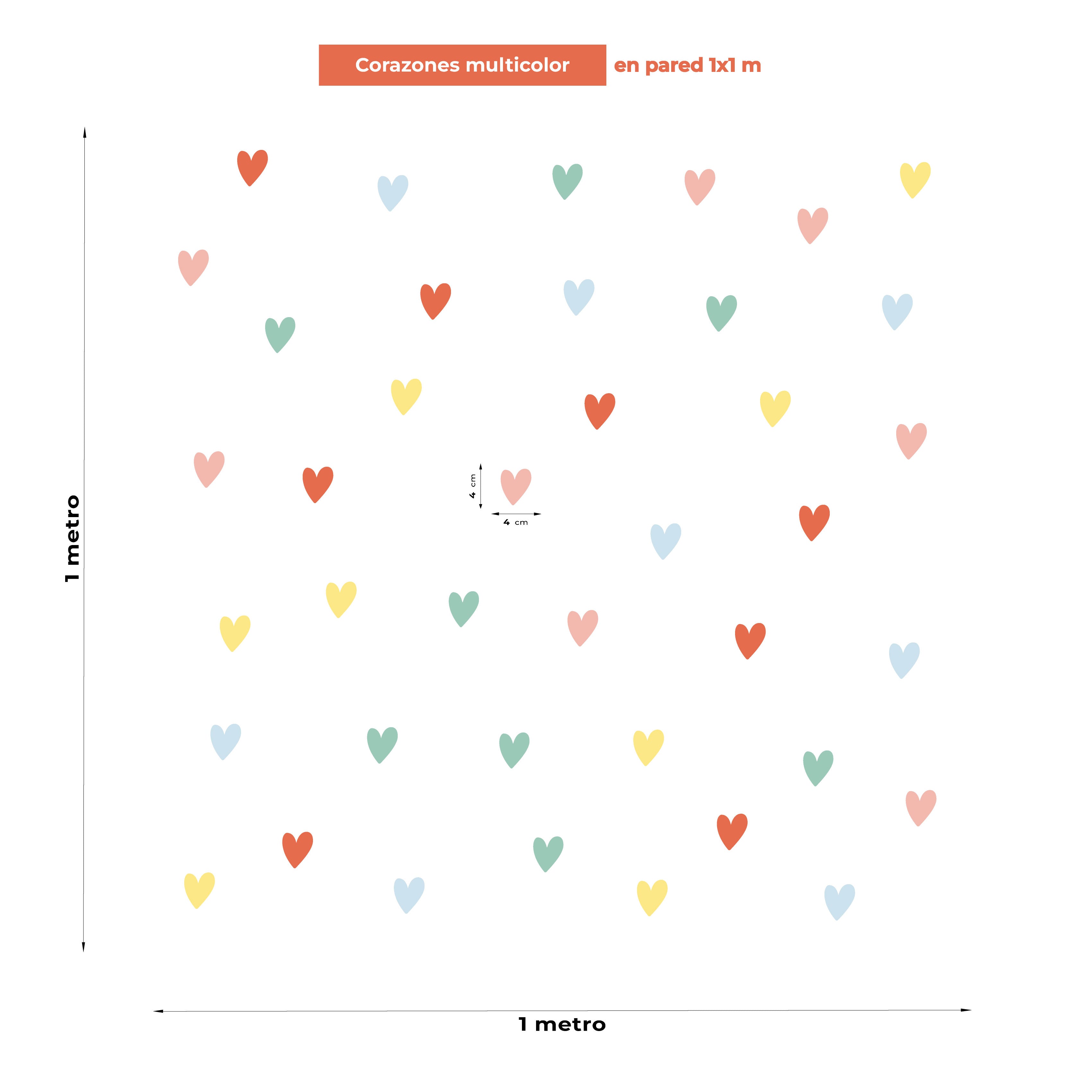 Distribución sobre pared de 1x1 metro de los vinilos decorativos de corazones multicolor pastel con medidas de referencia - Nicolasito.es #color_Multicolor