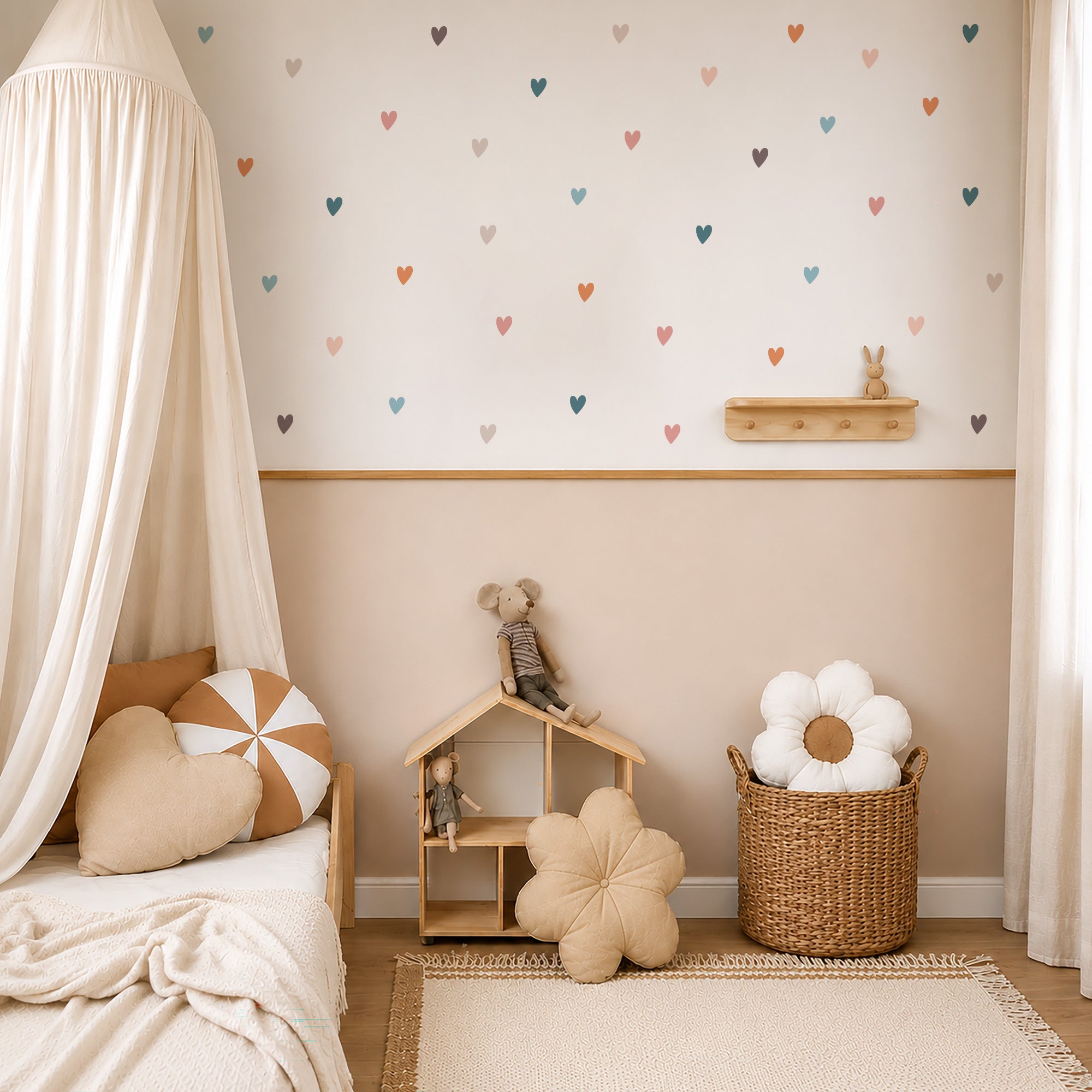 Vinilo decorativo en forma de corazones en tonos en tonos pastel decorando la pared de una habitación infantil de niña con estilo nórdico - Nicoasito.es #color_Sunset