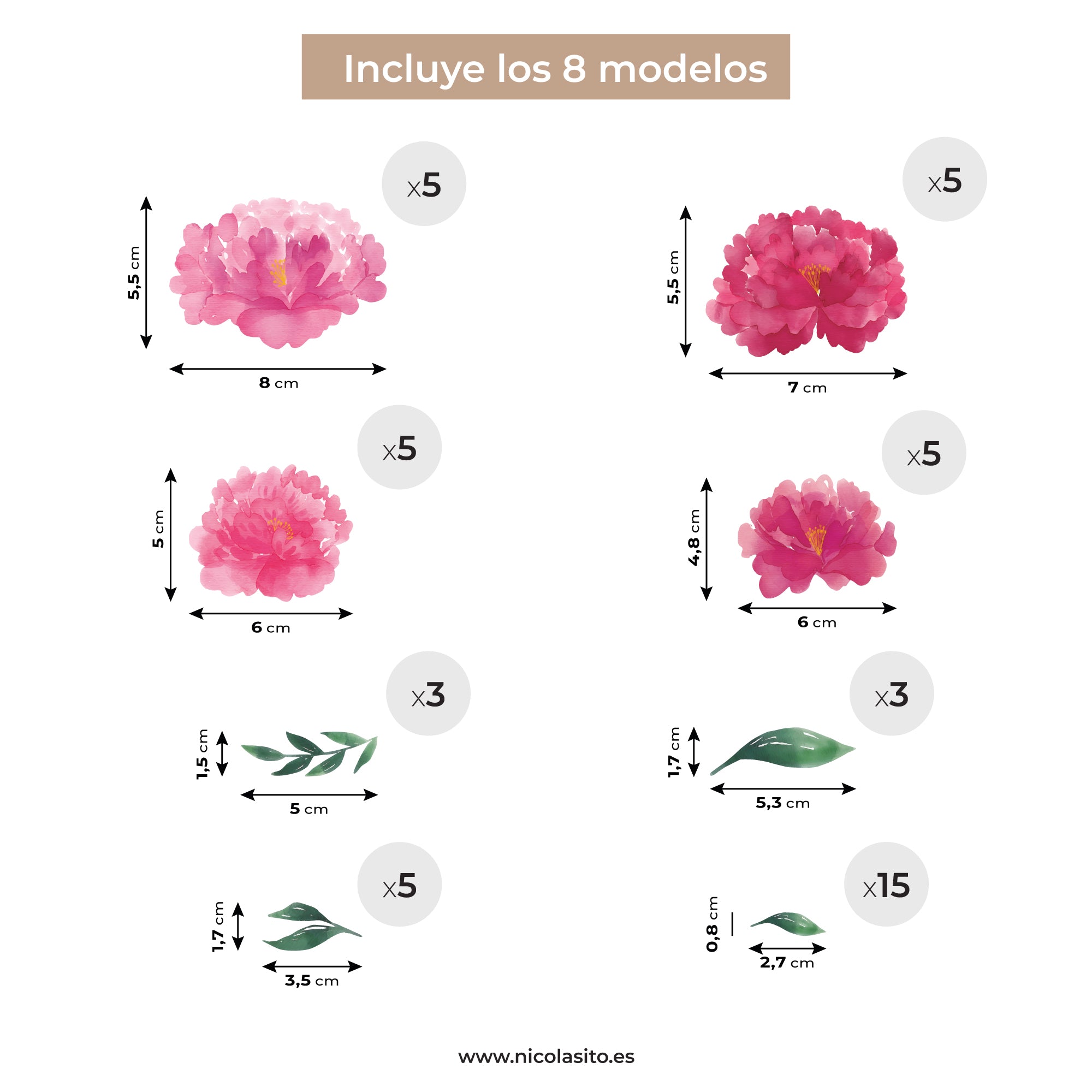Imagen que muestra la cantidad de vinilo decorativo en forma de peonías que incluye un pack y su tamaño real - Nicolasito.es