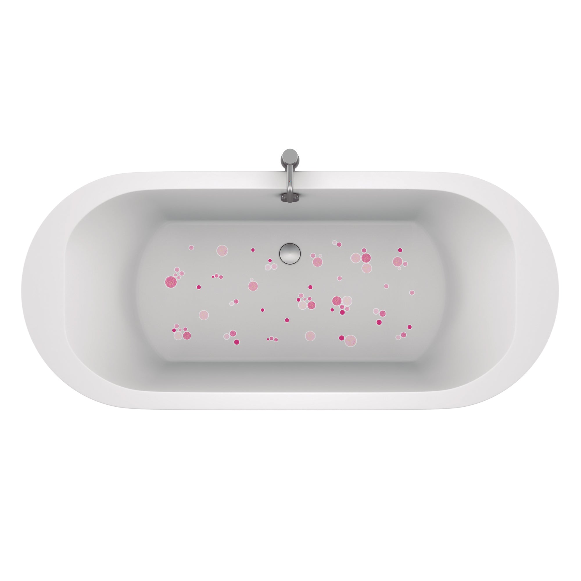 Imagen general de bañera con 90 pegatinas antideslizantes en forma de burbujas de varios tamaños en color rosa que crean un ambiente seguro durante el baño #color_Rosa