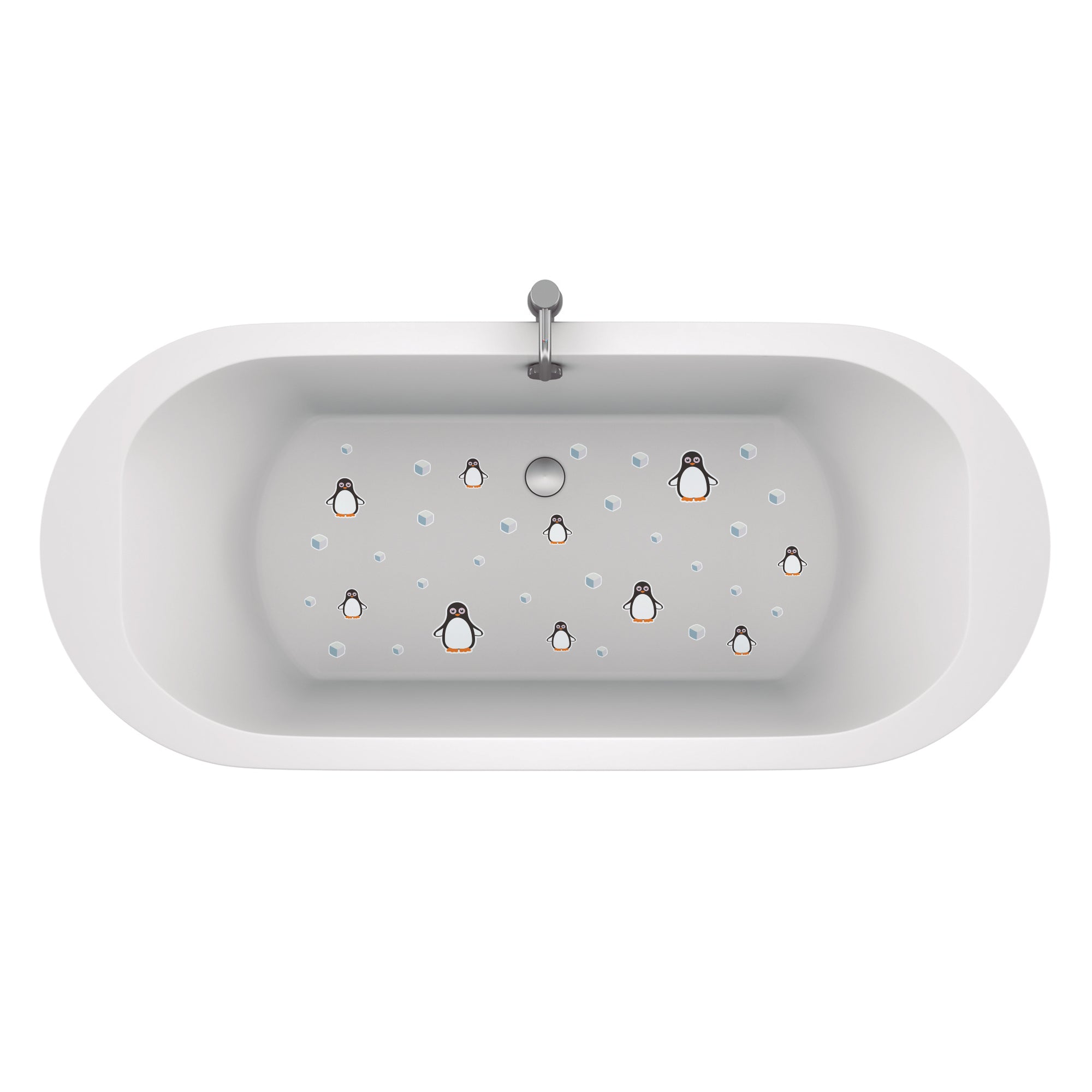 Pegatinas antideslizantes de pingüinos negros y cubitos de hielo en bañera infantil, decorativas y seguras para evitar resbalones. Nicolasito.es #color_Negro