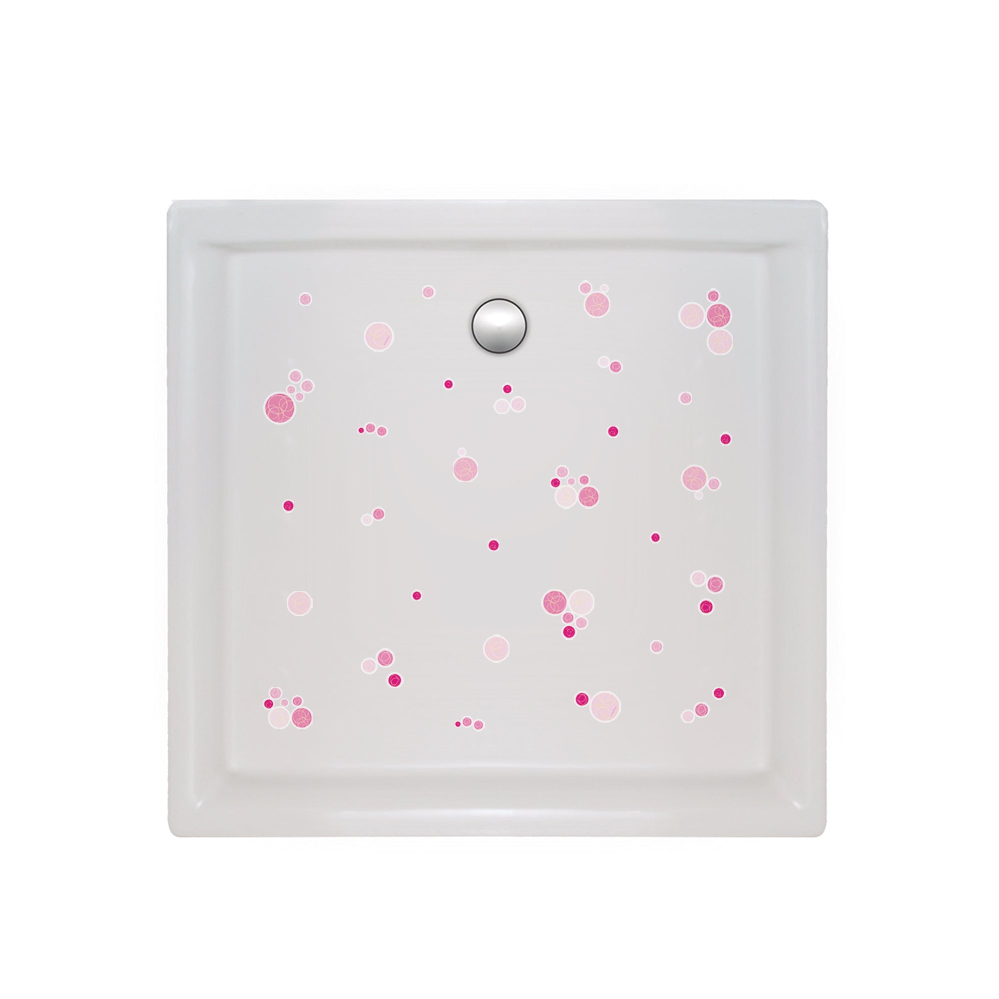 Imagen general de plato de ducha con 90 burbujitas antideslizantes de varios tamaños y en color rosa que crean un ambiente divertido y seguro durante el baño #color_Rosa