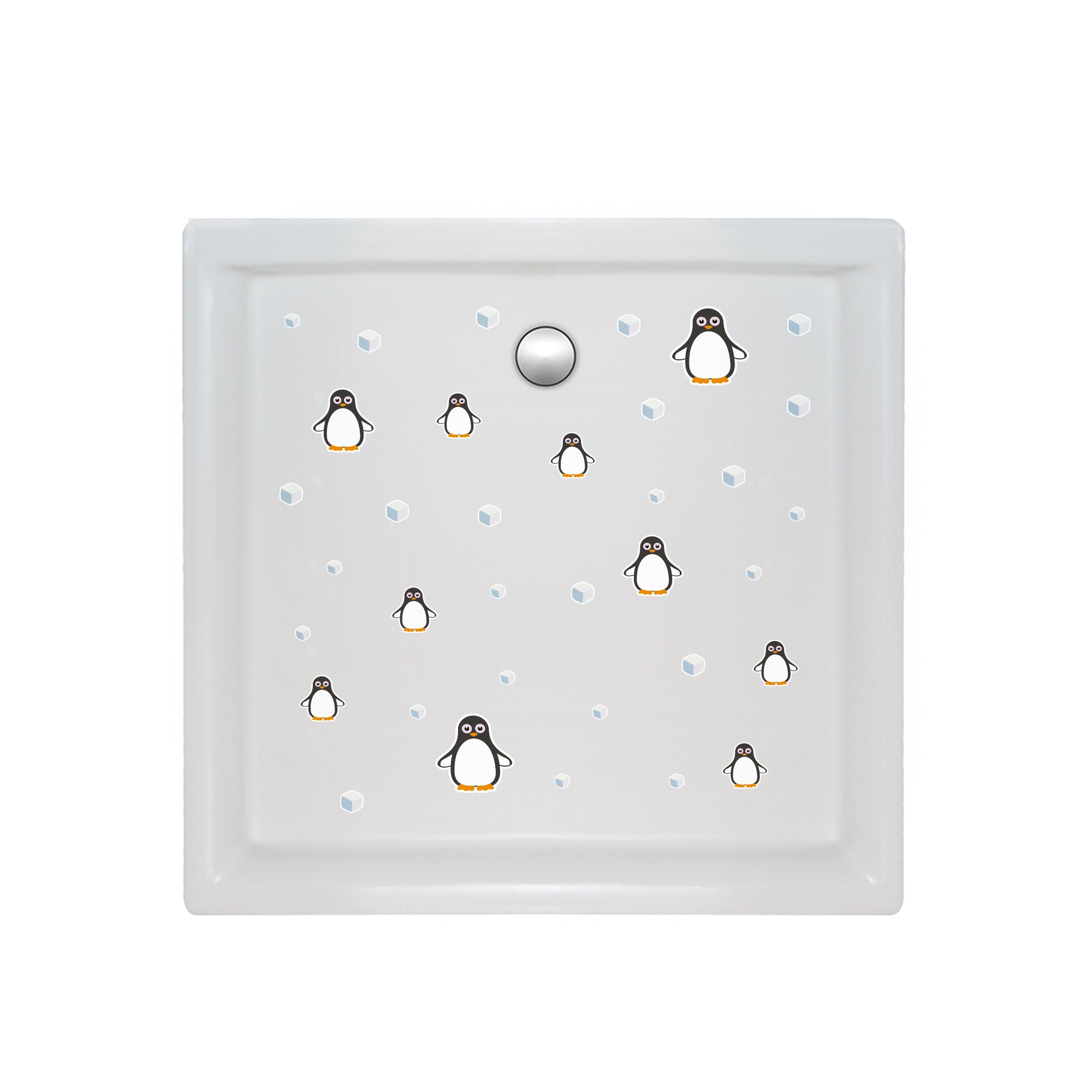 Ducha decorada con vinilos antideslizantes de pingüinos y cubitos de hielo, creando un ambiente marino divertido y seguro para niños. Nicolasito.es #color_Negro