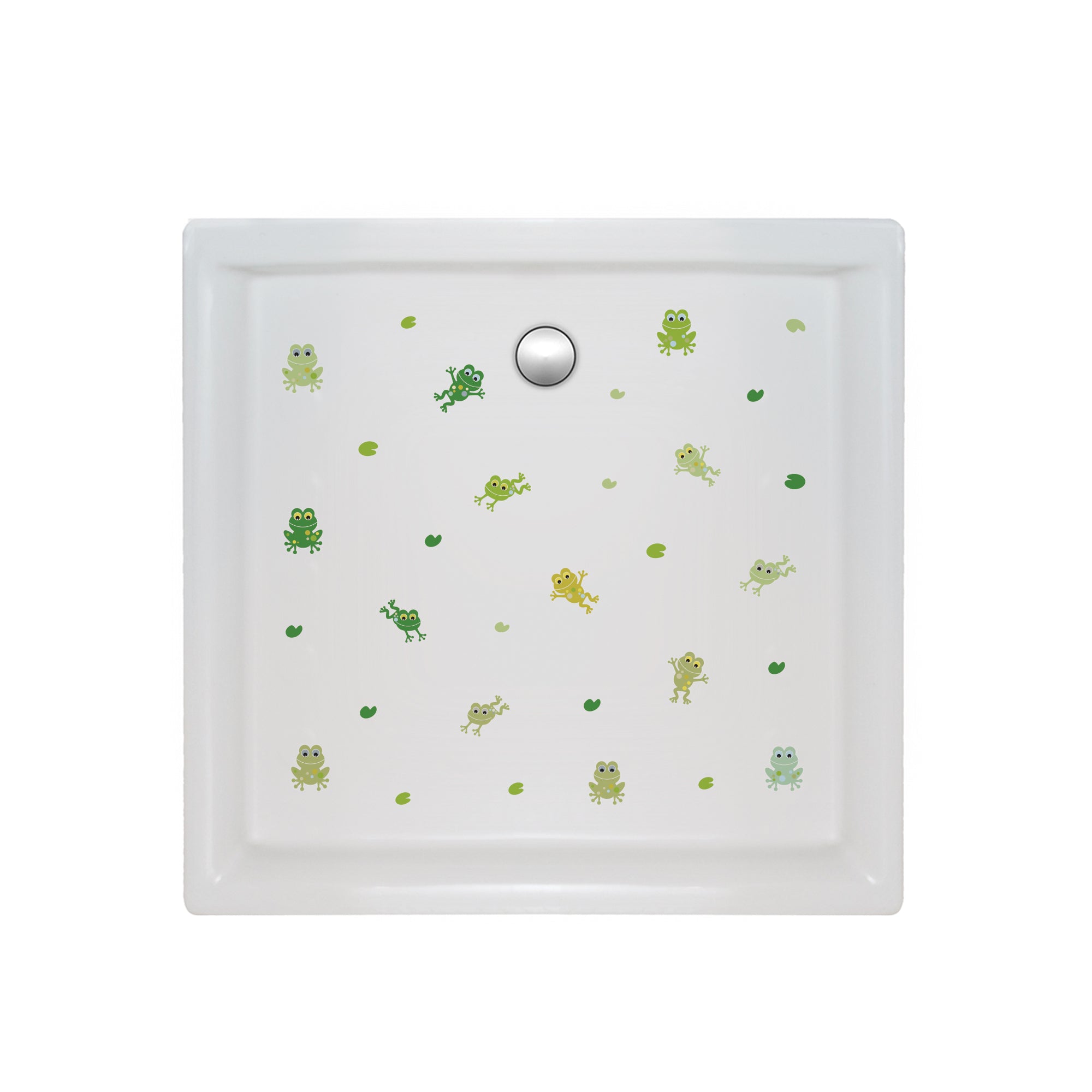 vista detallada de estimación de plato de ducha con un paquete de pegatinas antideslizantes infantiles en forma de ranas de color verdecreando un ambiente divertido y seguro durante el baño.