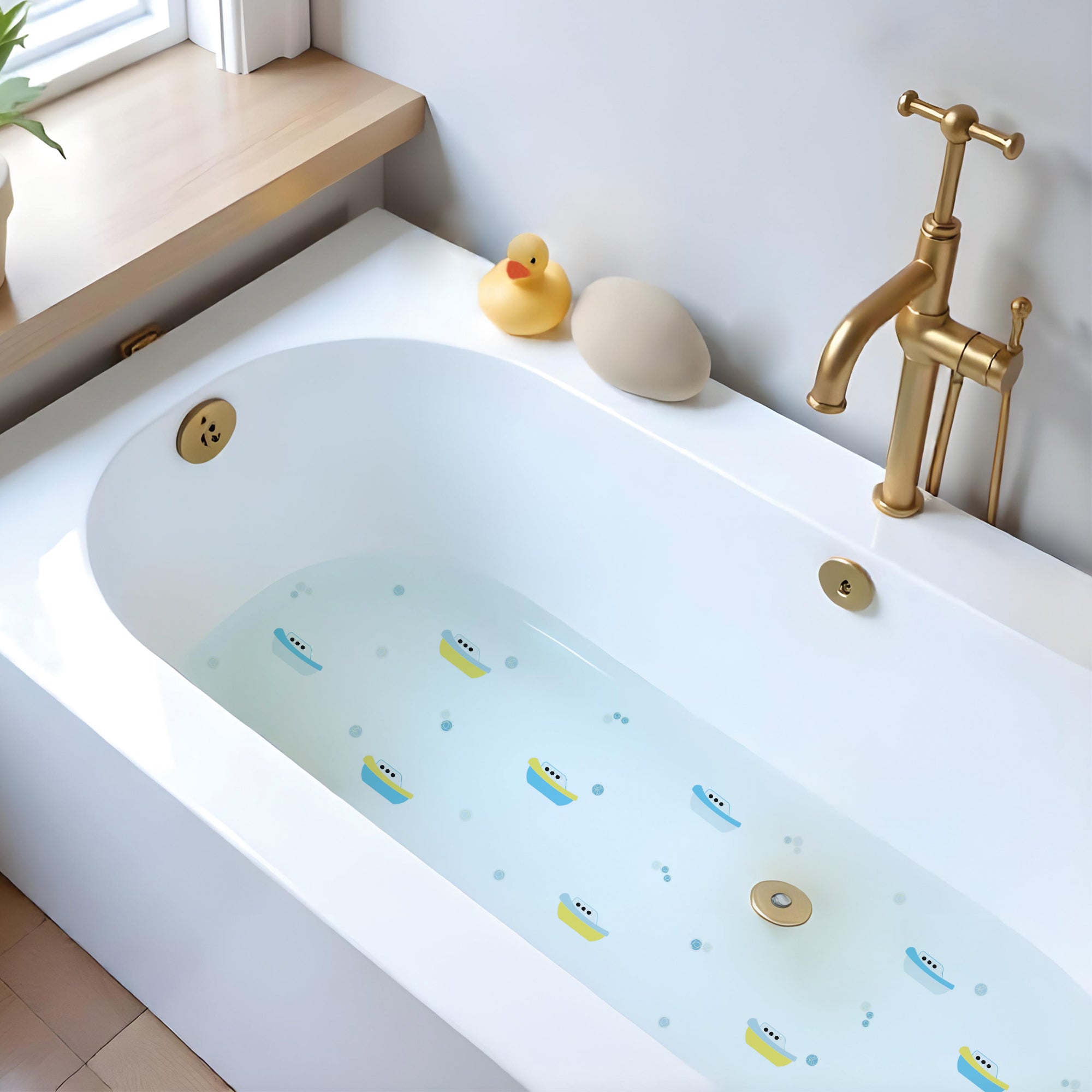 Vista general de una bañera minimalista con 9 antideslizantes en for,a de barcos de color azul que evitan los resbalones durante el baño creando un ambiente seguro para los niños #color_Azul