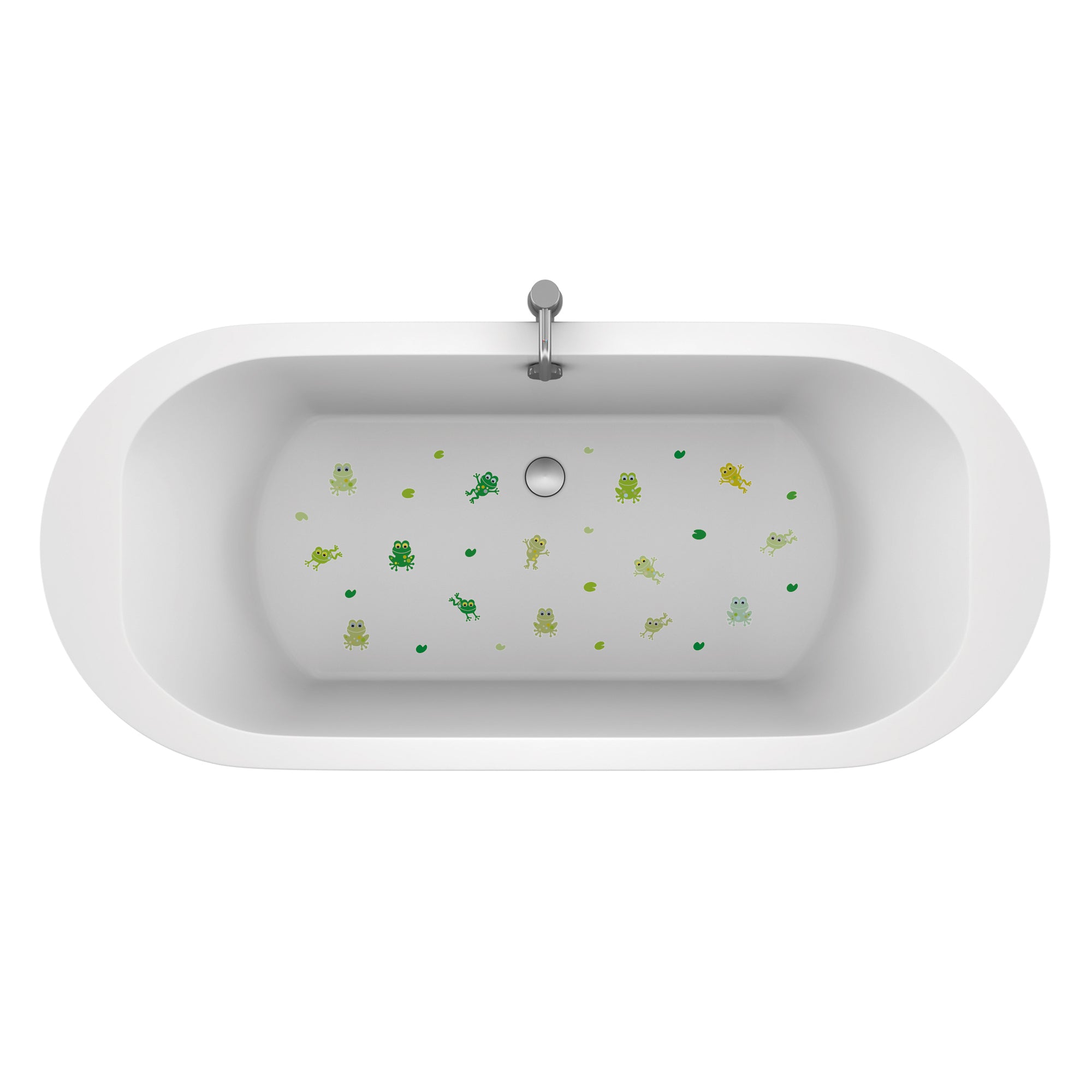 vista detallada de estimación de bañera con un paquete de pegatinas antideslizantes infantiles en forma de ranas de color verdecreando un ambiente divertido y seguro durante el baño.