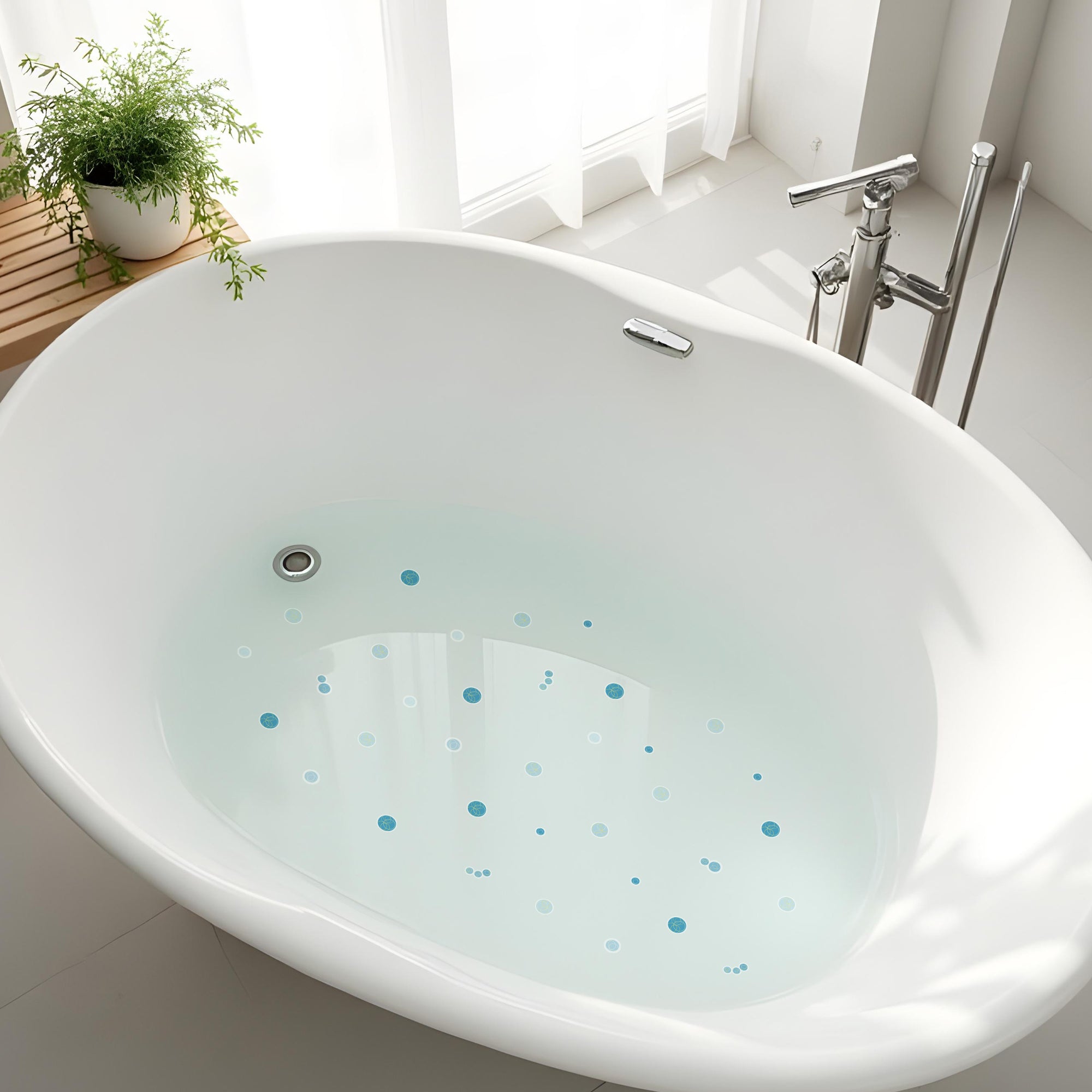 plano general de baño minimalista con bañera blanca y vinilo antideslizante en forma de burbujitas de color azul que evitan resbalones durante el baño #color_Azul