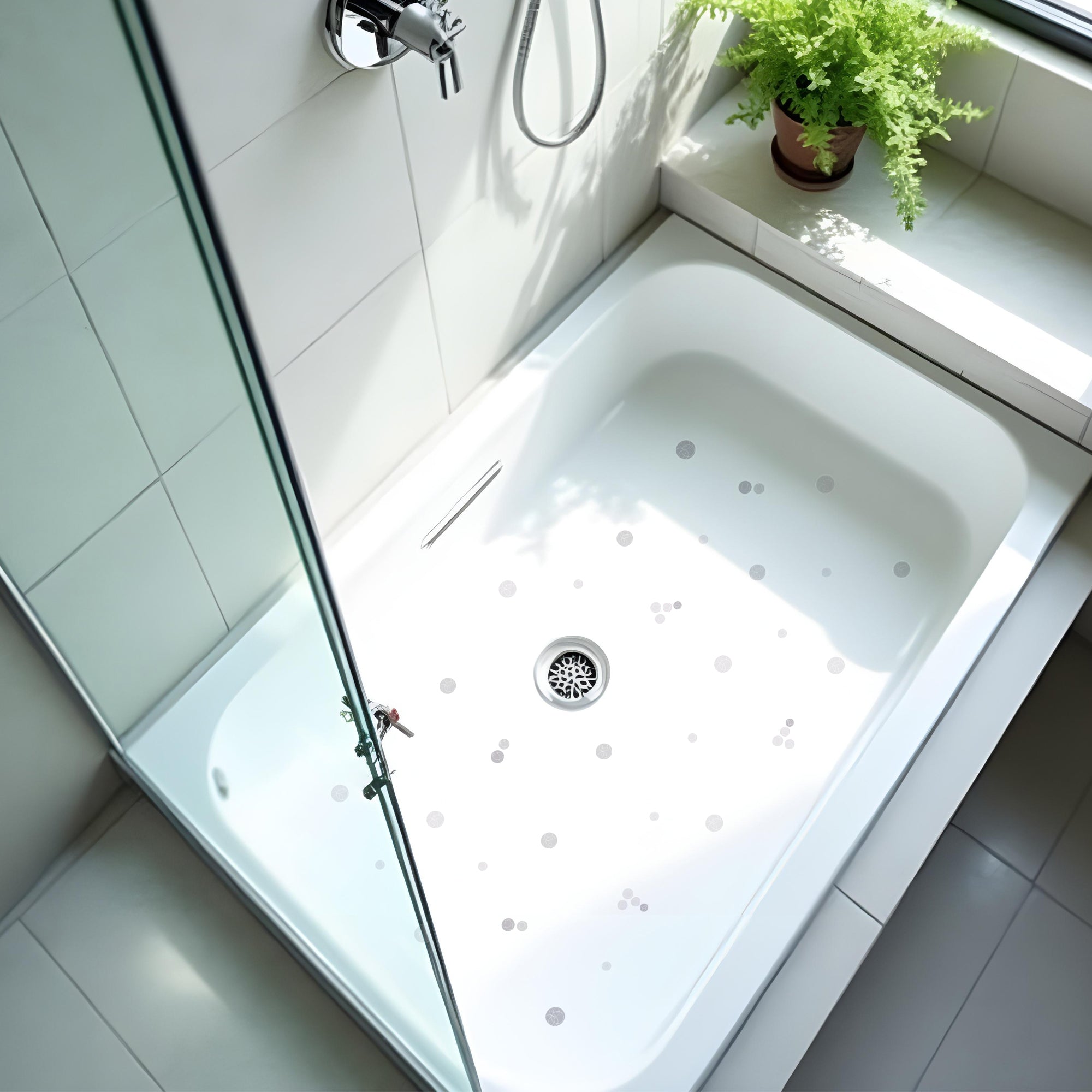 Plano de plato de ducha minimalista con pegatinas antideslizantes en forma de burbujitas de color gris que crean un ambiente elegante y seguro durante el baño #color_Gris Claro