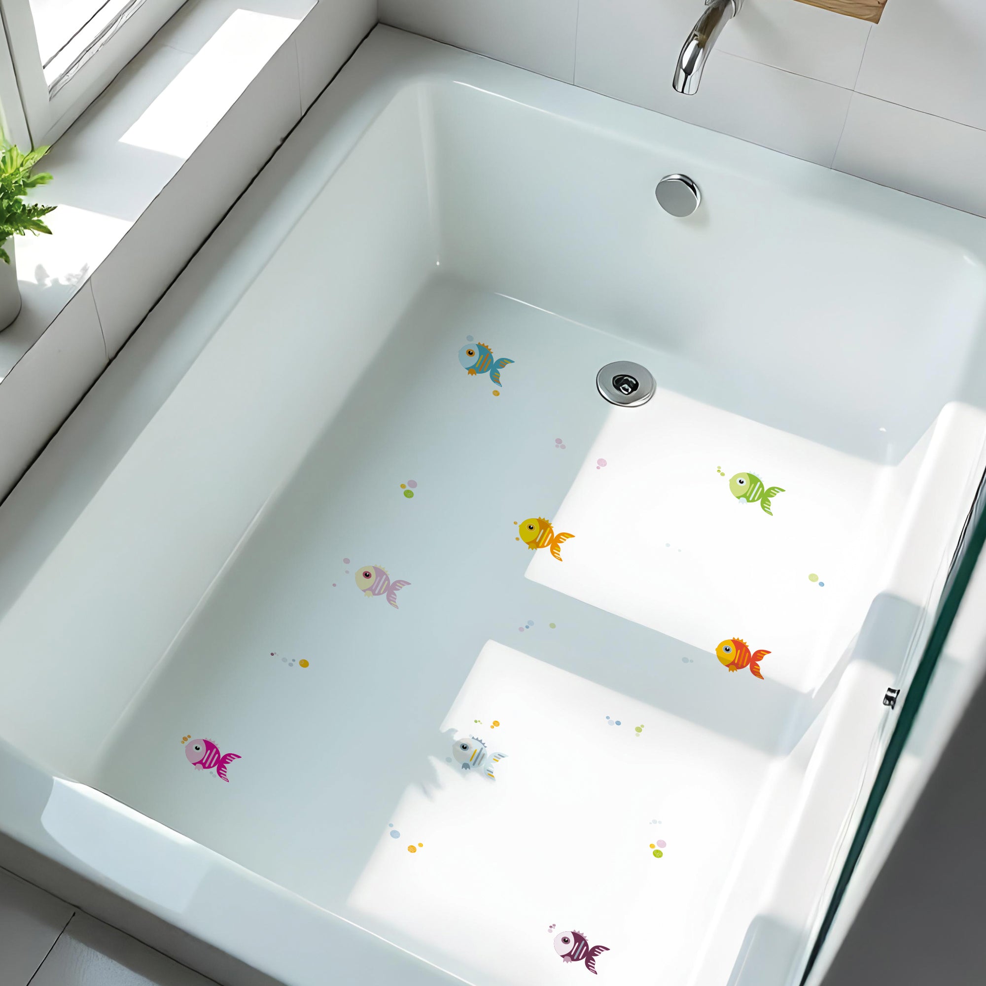 Vista detallada de plato de ducha minimalista con pegatinas antideslizantes infantiles en forma de peces de colores y burbujas para evitar resbalones en el baño - Nicolasito.es
