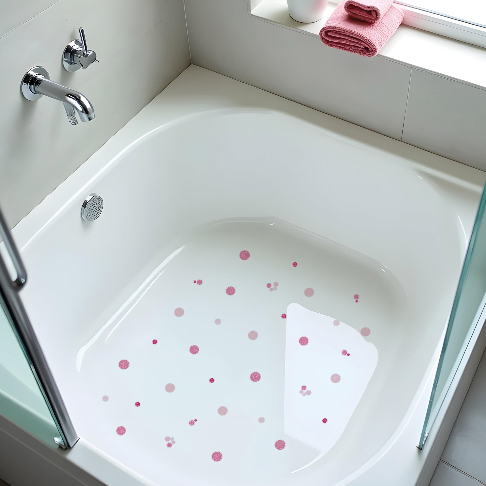 Vista general de plato de ducha en baño minimalista con vinilo antideslizante en forma de burbujas de color rosa que crean un ambiente seguro durante el baño evitando resbalones #color_Rosa