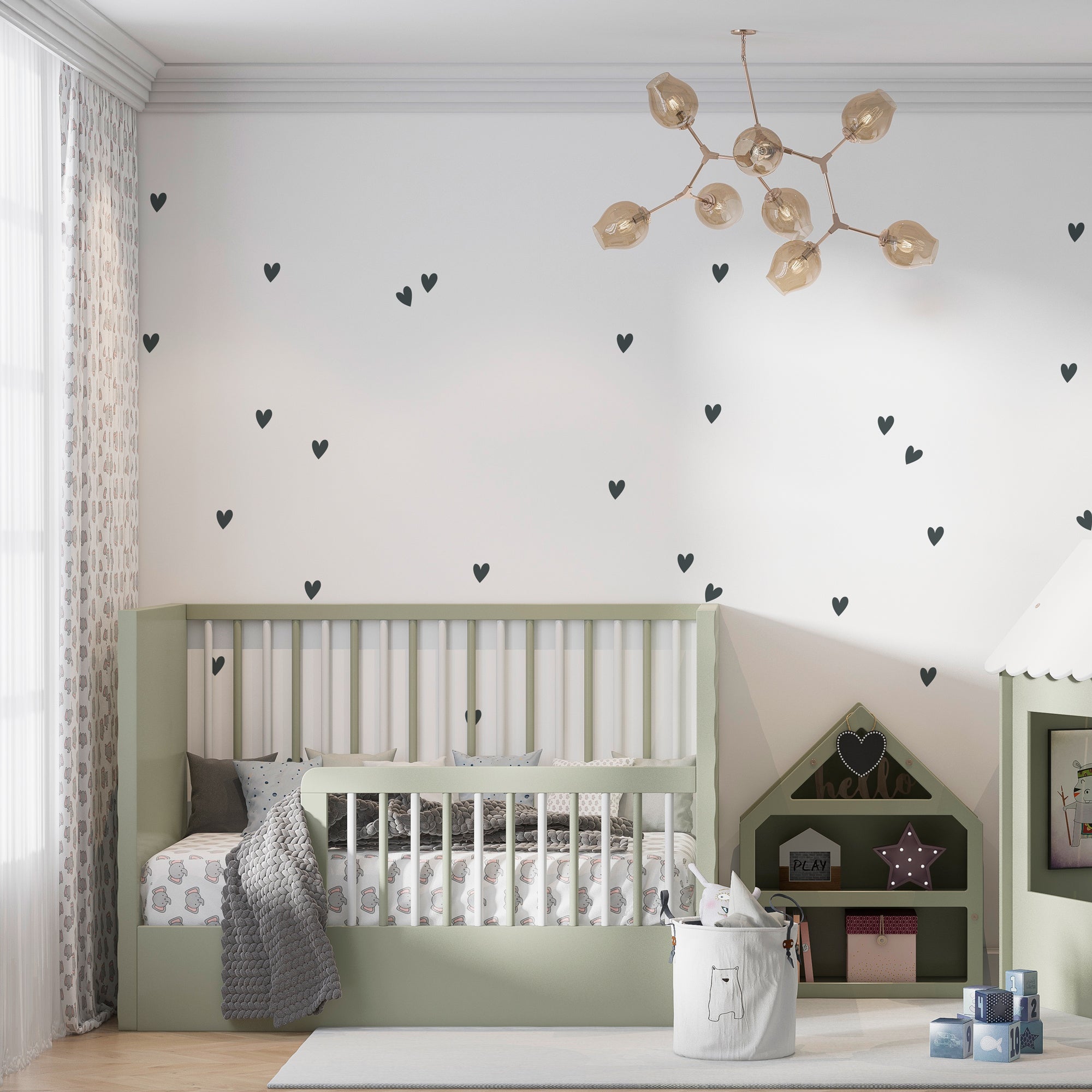Habitación moderna de bebé decorada con vinilo adhesivo mini corazones de color gris oscuro en pared blanca - Nicolasito.es #color_Gris oscuro