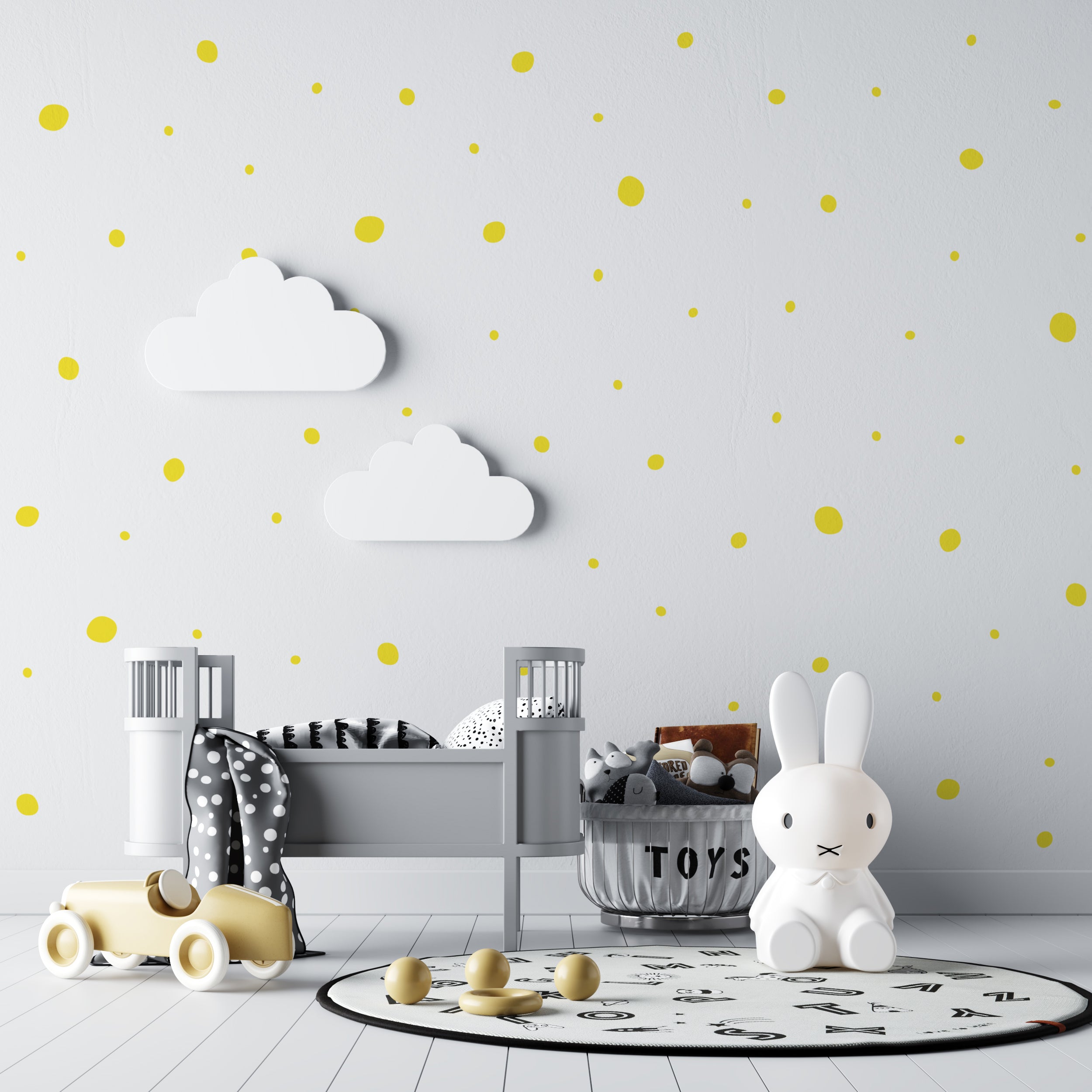 Decoración elegante con vinilo decorativo lunares irregulares aplicado en dormitorio infantil - Nicolasito.es #color_Amarillo