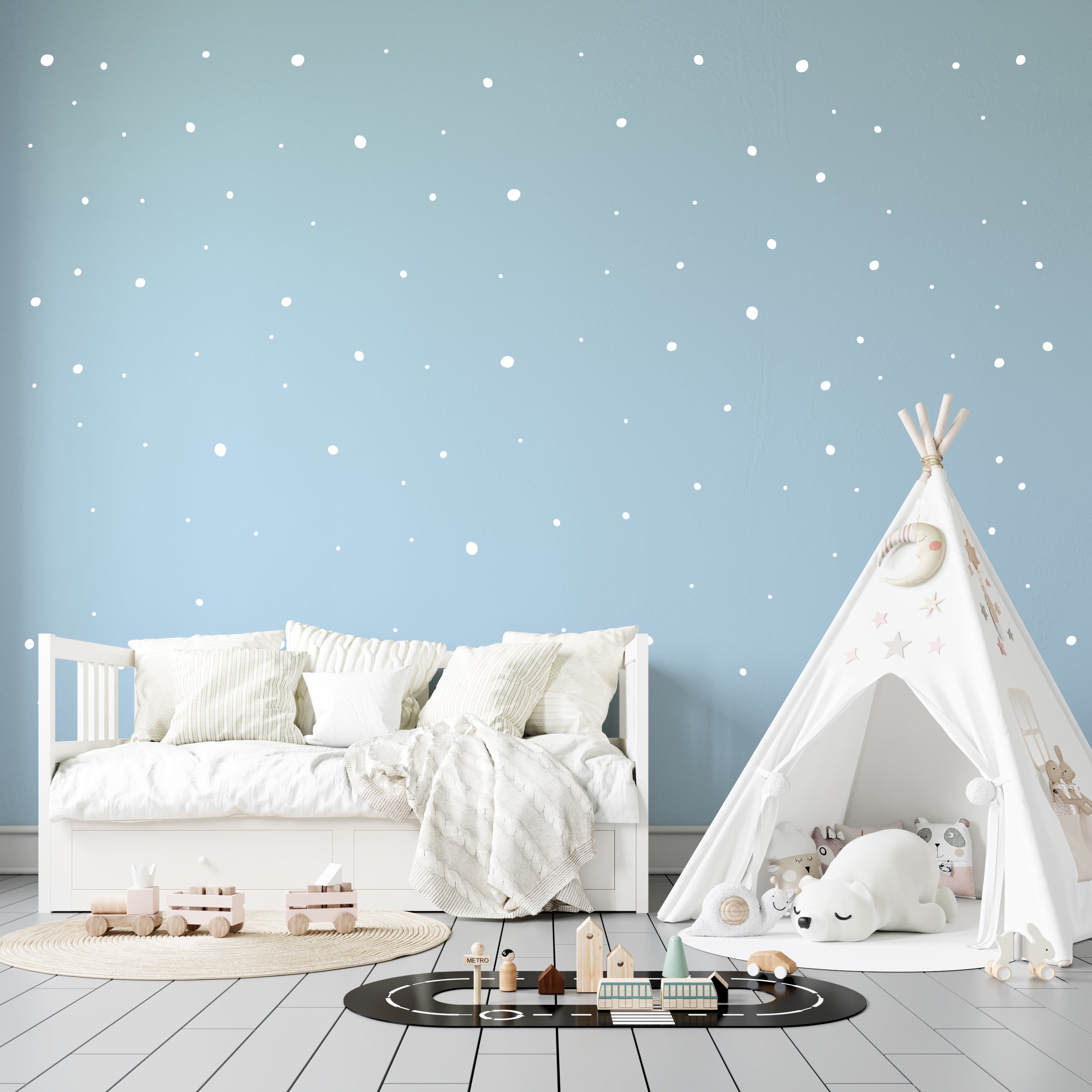 Dormitorio infantil alegre con vinilo adhesivo lunares irregulares circulares en la pared - Nicolasito.es #color_Blanco