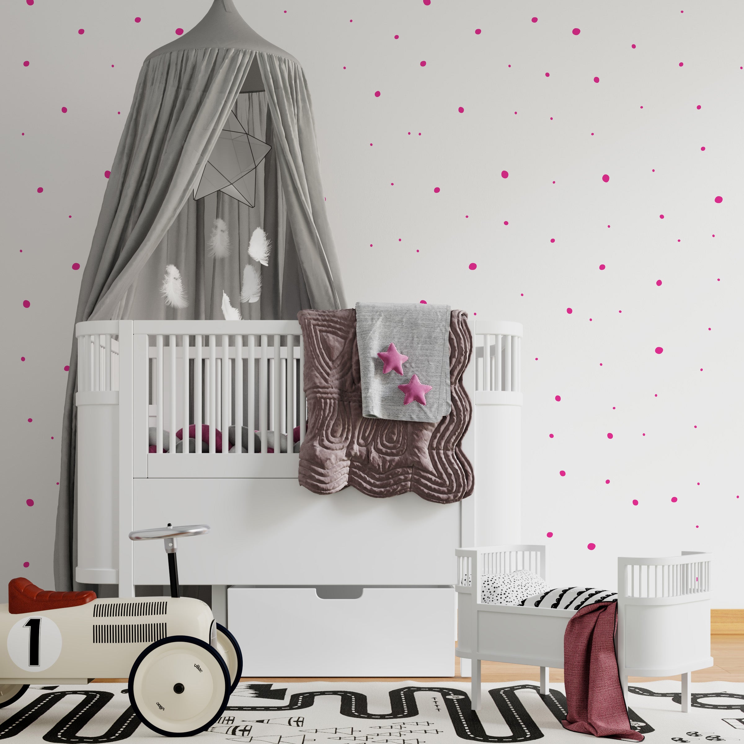 Ambiente de dormitorio infantil minimalista con vinilo adhesivo de paredes en forma de lunares irregulares de color fucsia - Nicolasito.es #color_Fucsia