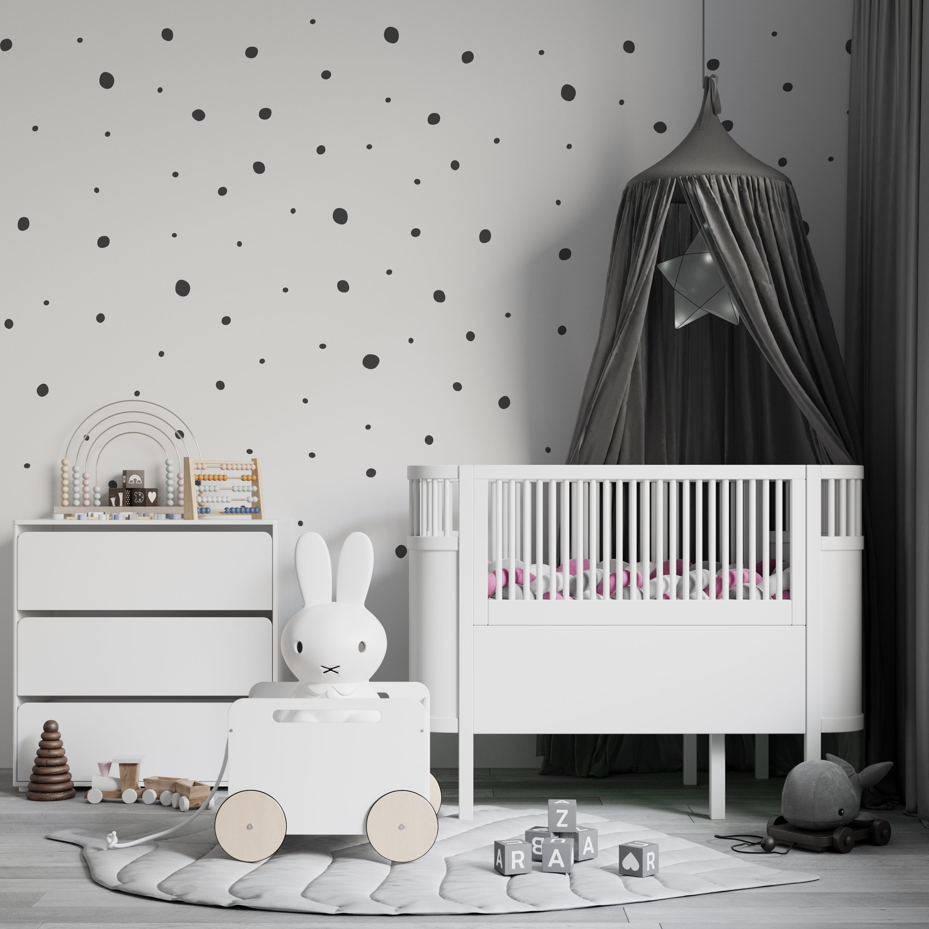 Decoración moderna de dormitorio infantil con vinilo decorativo lunares irregulares de color gris oscuro en la pared - Nicolasito.es #color_Gris oscuro