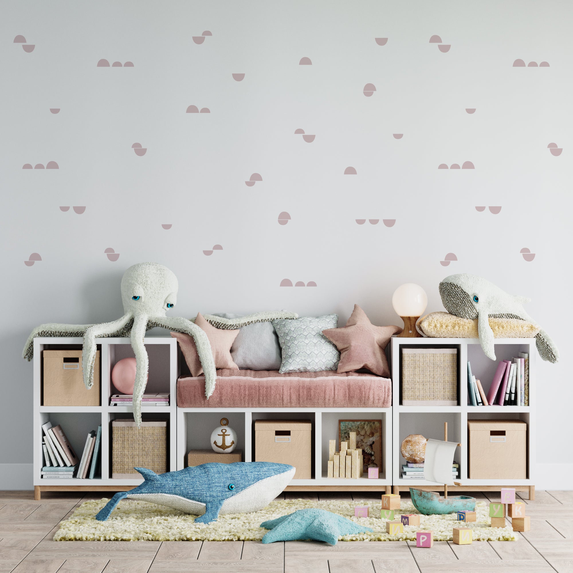 Vinilo decorativo con diseño de mini medias Lunas en color rosa sobre pared de dormitorio infantil de niña - Nicolasito.es #color_Rosa