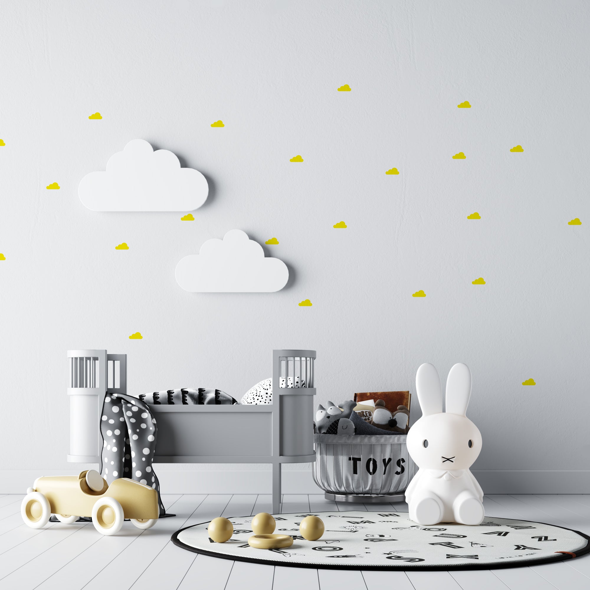 Habitación de bebé decorada con vinilo decorativo mini nubes adhesivas en color amarillo - Nicolasito.es #color_Amarillo