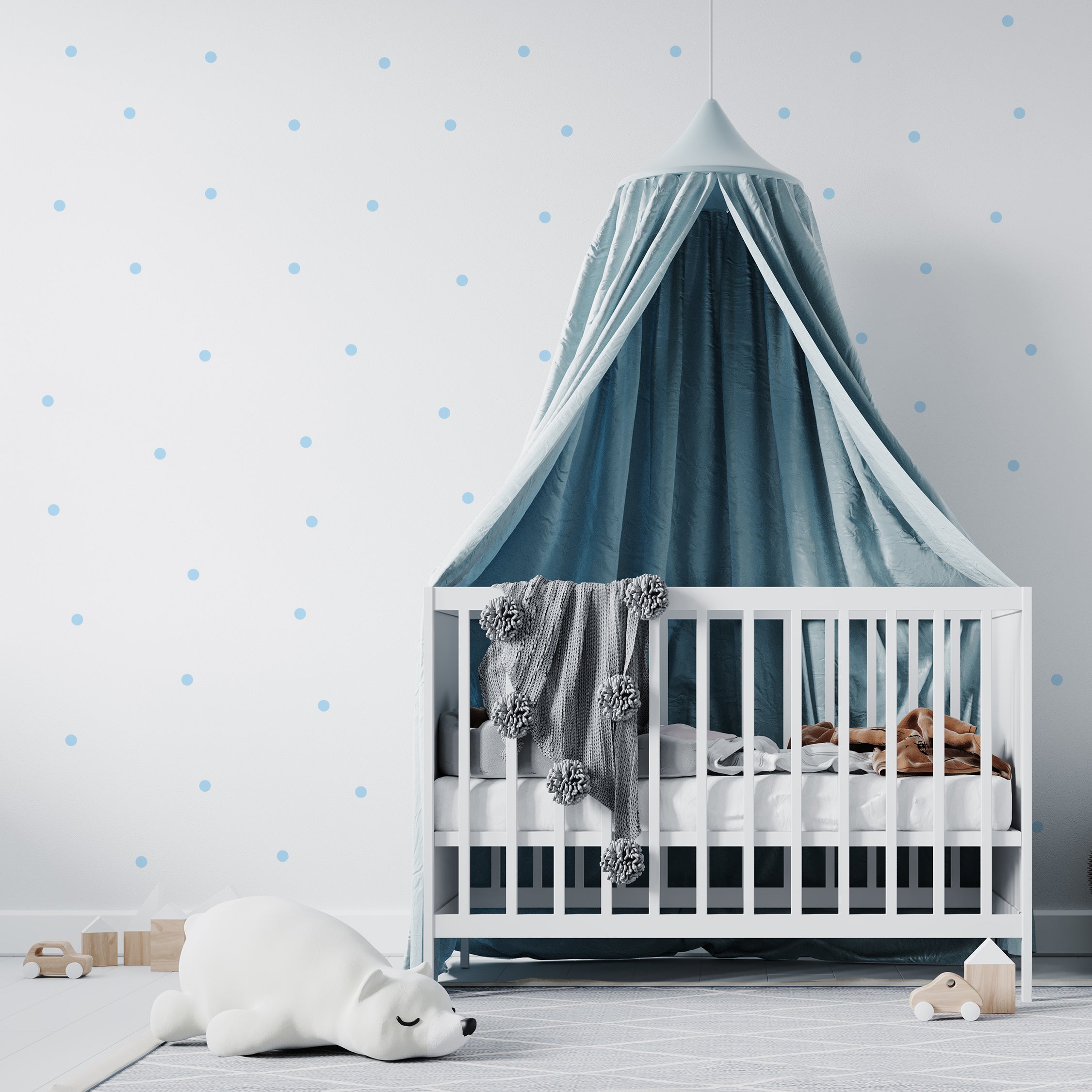 Dormitorio de bebé con ambiente minimalista y pared decorada con vinilo topitos lunares 3cm - Nicolasito.es #color_Azul cielo