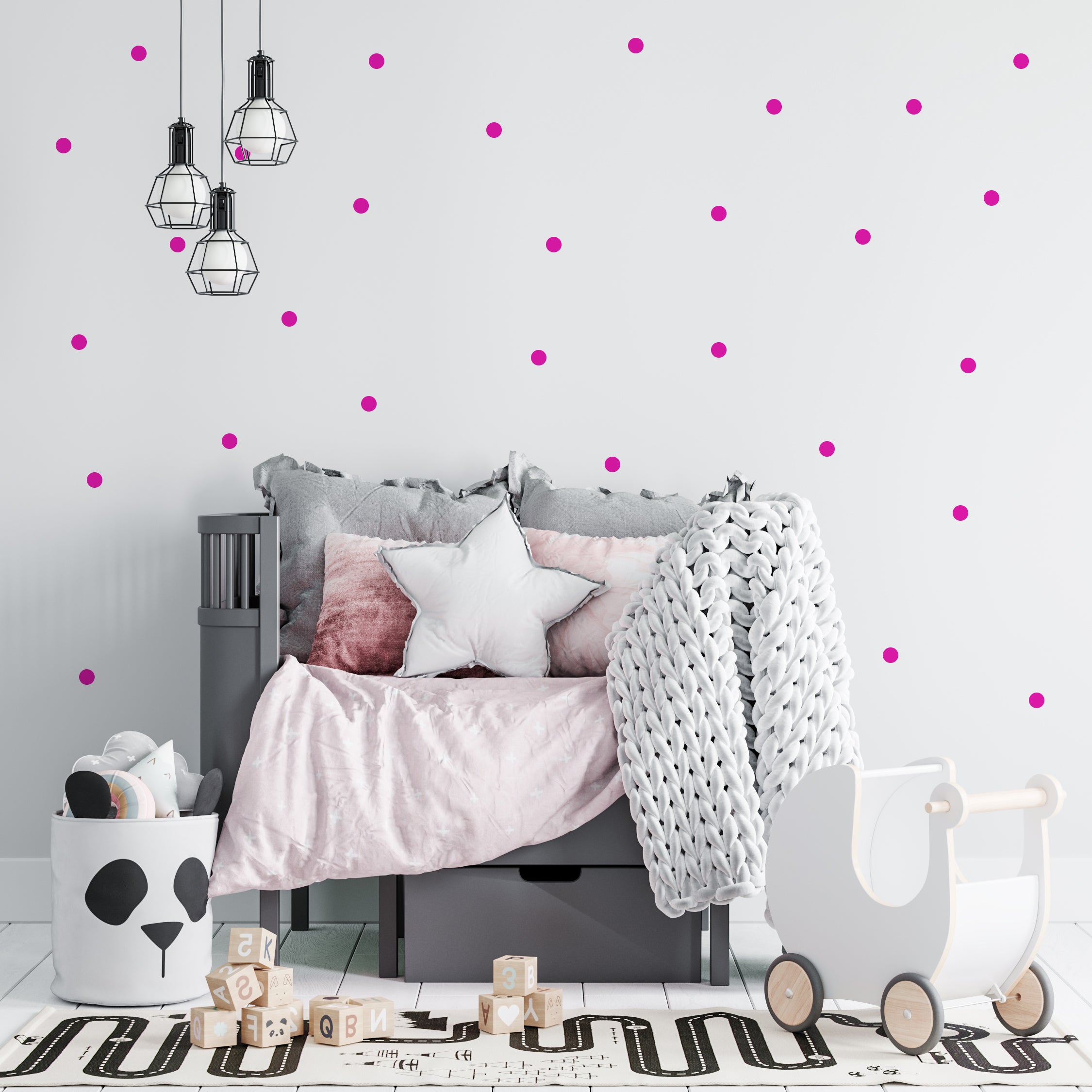 Pared completa cubierta con vinilo decorativo topitos lunares pequeños en color fucsia - Nicolasito.es #color_Fucsia