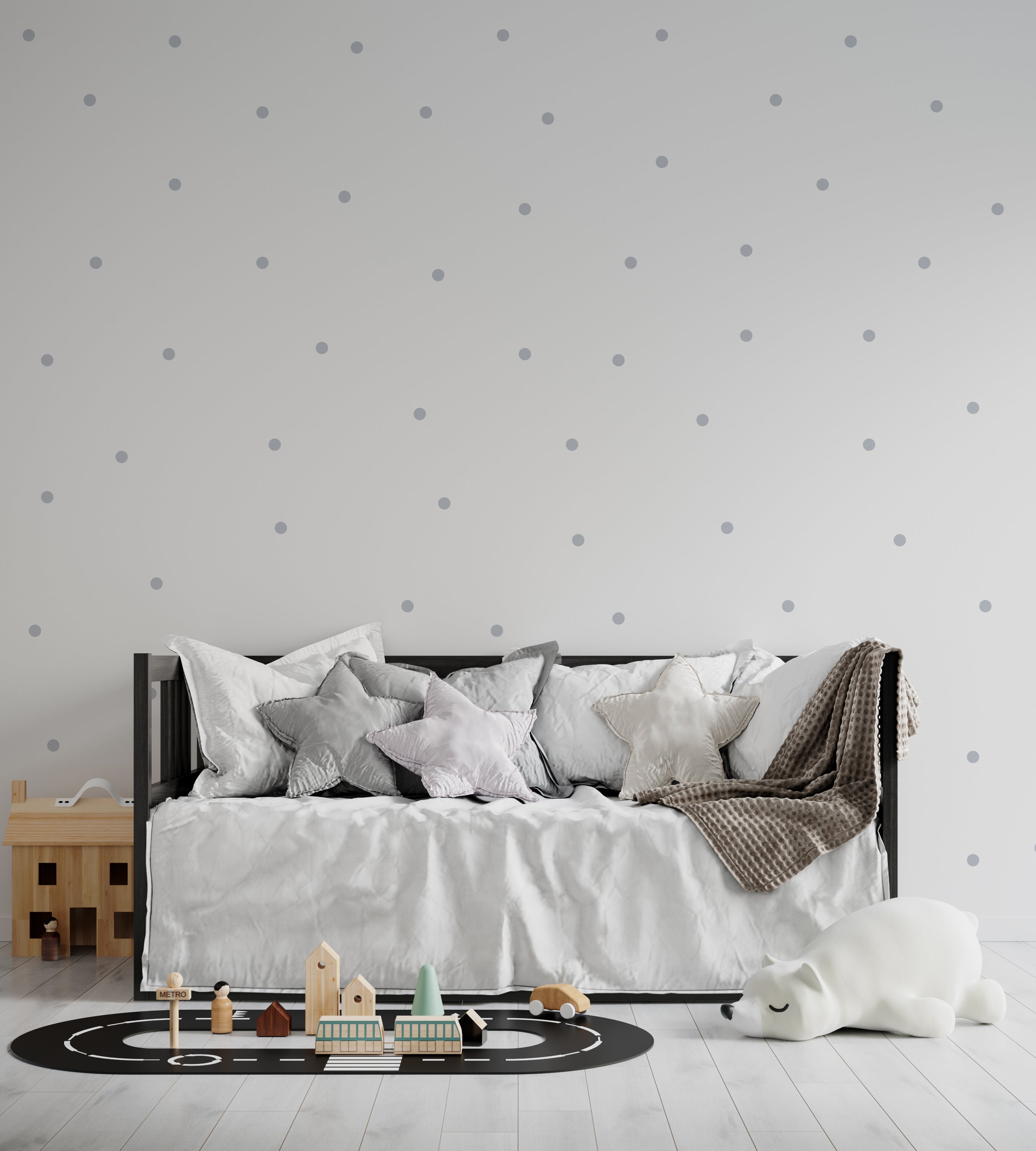 Vinilo adhesivo topitos lunares 3cm de color gris claro en pared de dormitorio infantil minimalista - Nicolasito.es #color_Gris claro