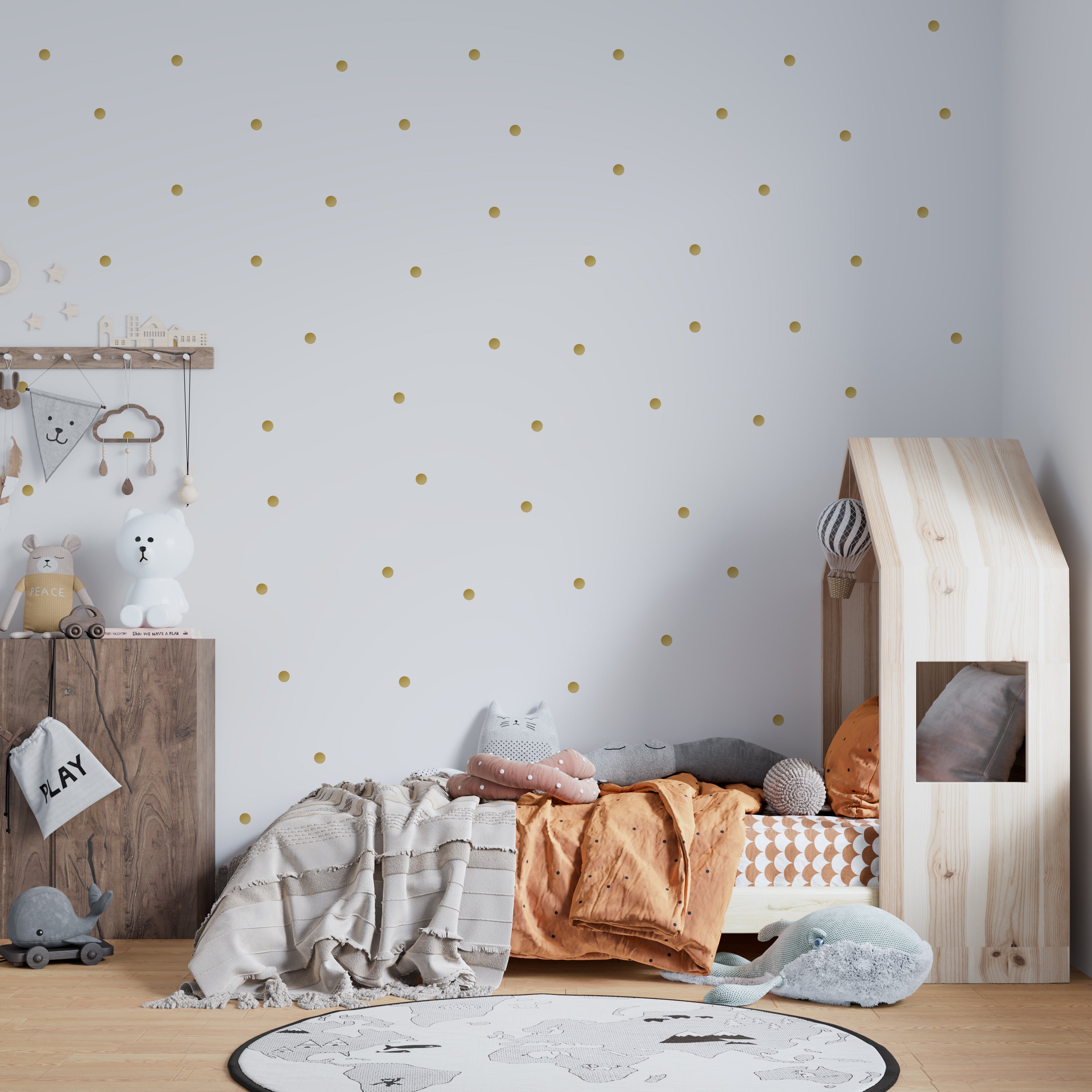 Habitación infantil alegre con detalles en madera y pared decorada con vinilo decorativo topitos lunares adhesivos - Nicolasito.es #color_Oro