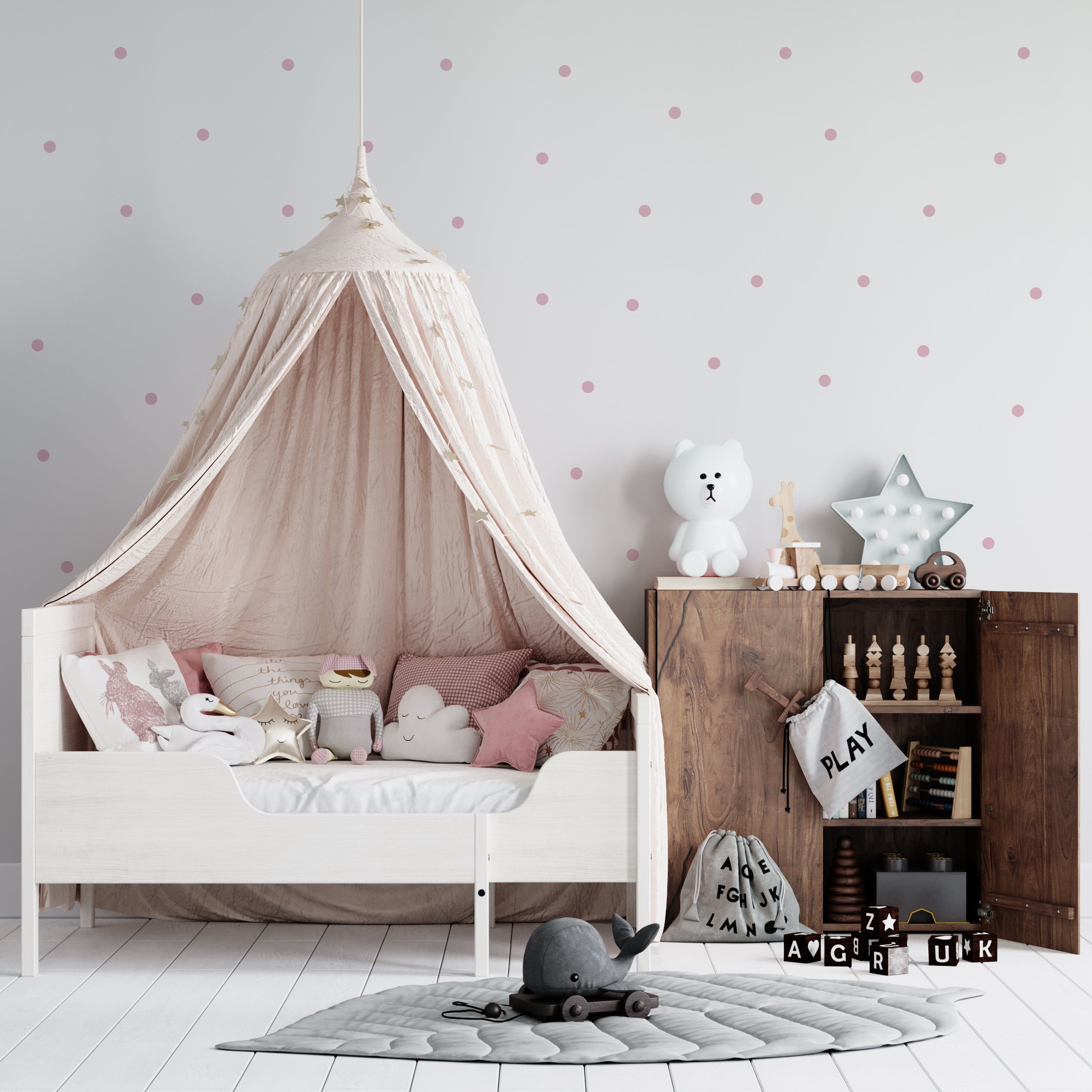 Vinilo adhesivo topitos lunares de 3cm de color rosa aplicado en dormitorio infantil con pared clara - Nicolasito.es #color_Rosa