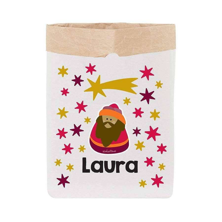 Saco de papel de Reyes Magos Baltasar personalizado para almacenar regalos, perfecto para organizar la mañana de Navidad - Nicolasito.es #modelo_Baltasar