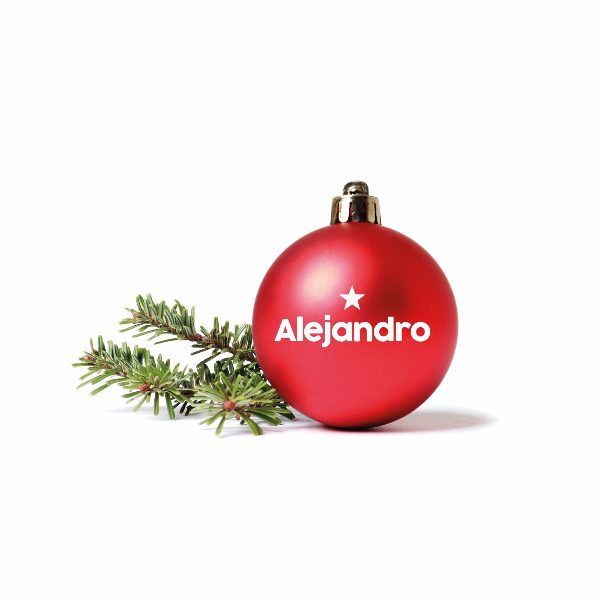 Detalle del vinilo del nombre en la bola de Navidad personalizada, adorno para árbol con diseño cuidado y acabado mate - Nicolasito.es #modelo_Mate