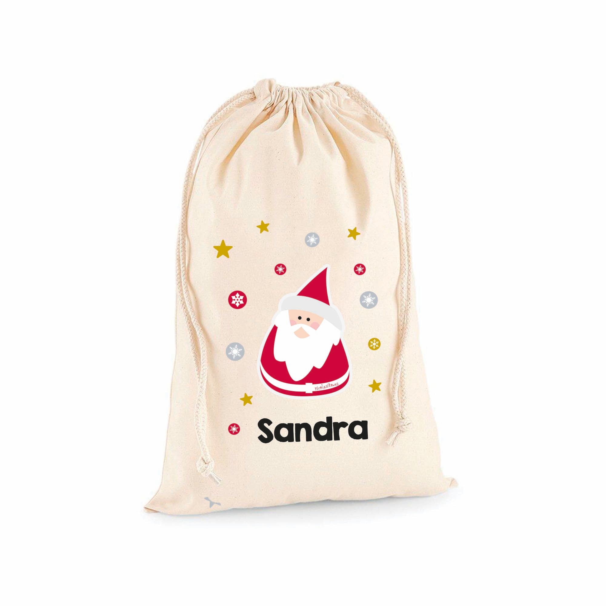 Primer plano del diseño de Papá Noel en saco de Navidad personalizado, estampado navideño artesanal con nombre personalizado - Nicolasito.es