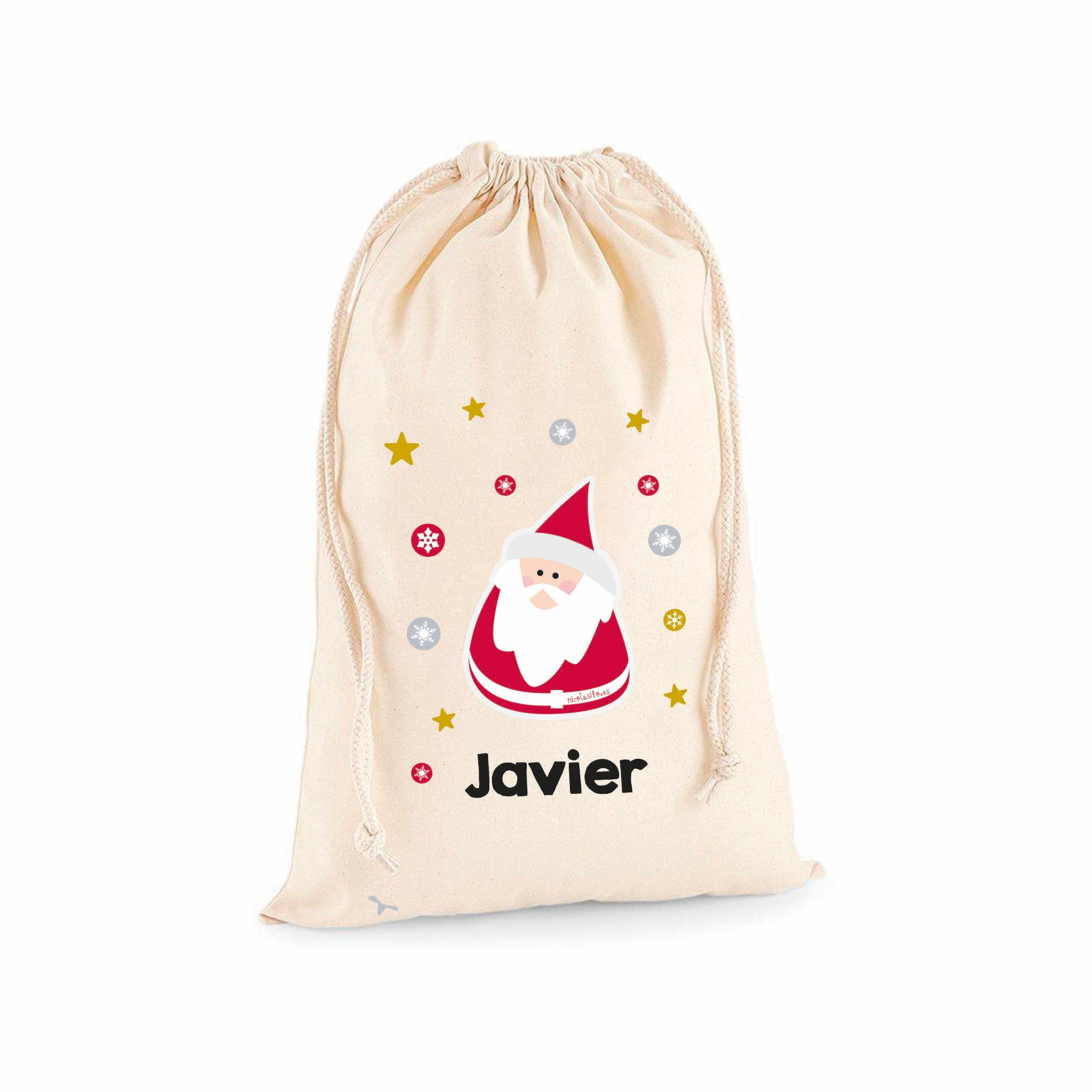 Detalle del saco de Navidad personalizado con diseño de Papá Noel y nombre impreso, ideal para guardar regalos y decorar el árbol - Nicolasito.es