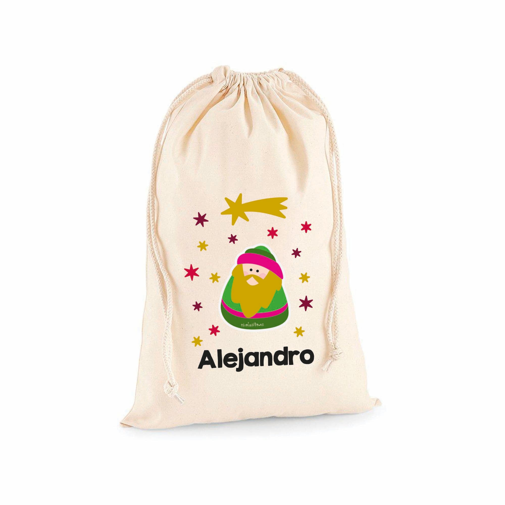 Saco de Navidad personalizado de Gaspar con nombre impreso, ideal para guardar los regalos de Reyes Magos y decorar el árbol de Navidad - Nicolasito.es #Modelo_Gaspar