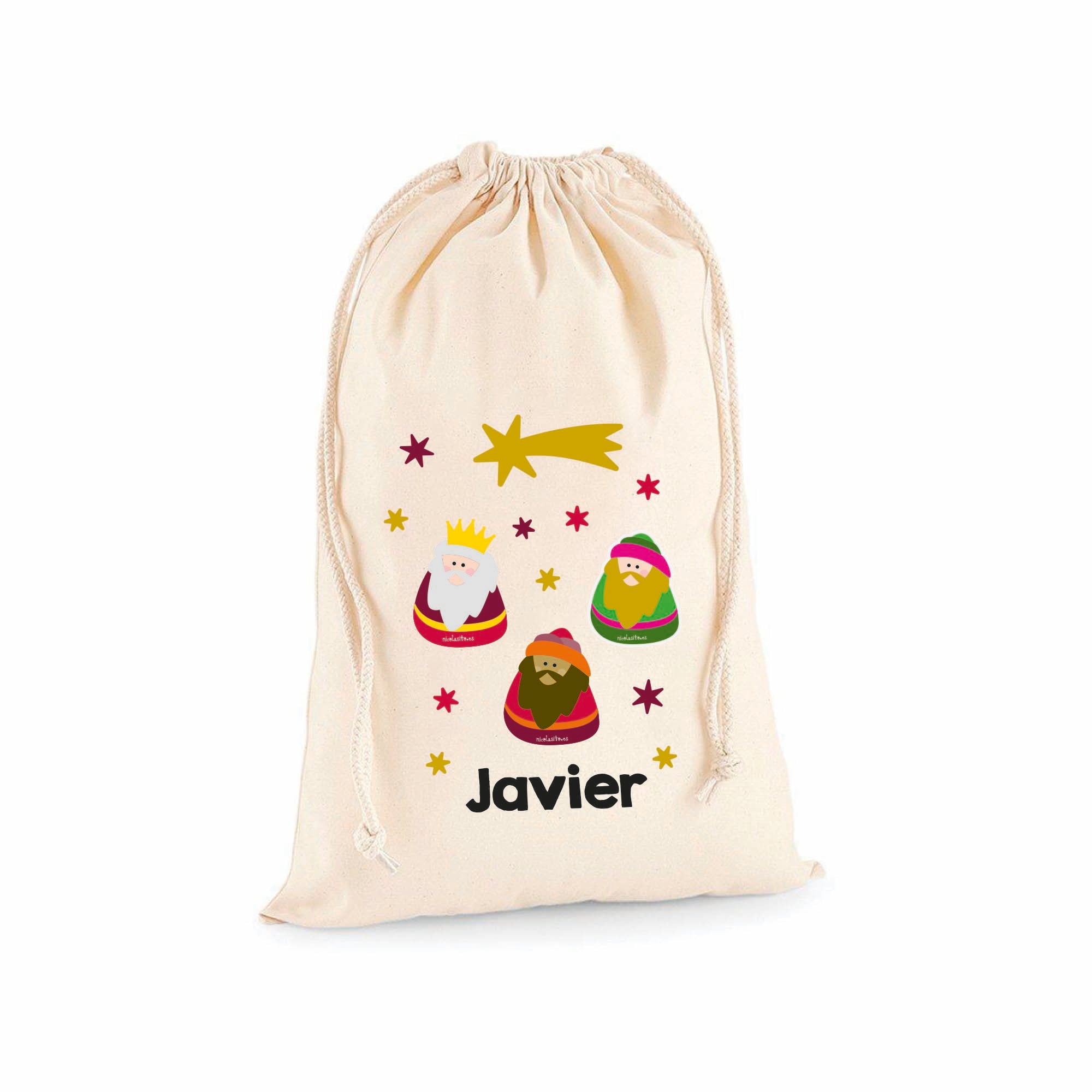 Saco de Navidad personalizado con los tres Reyes Magos y nombre grabado, ideal para guardar regalos y decorar el hogar en Navidad - Nicoalsito.es #modelo_Reyes Magos