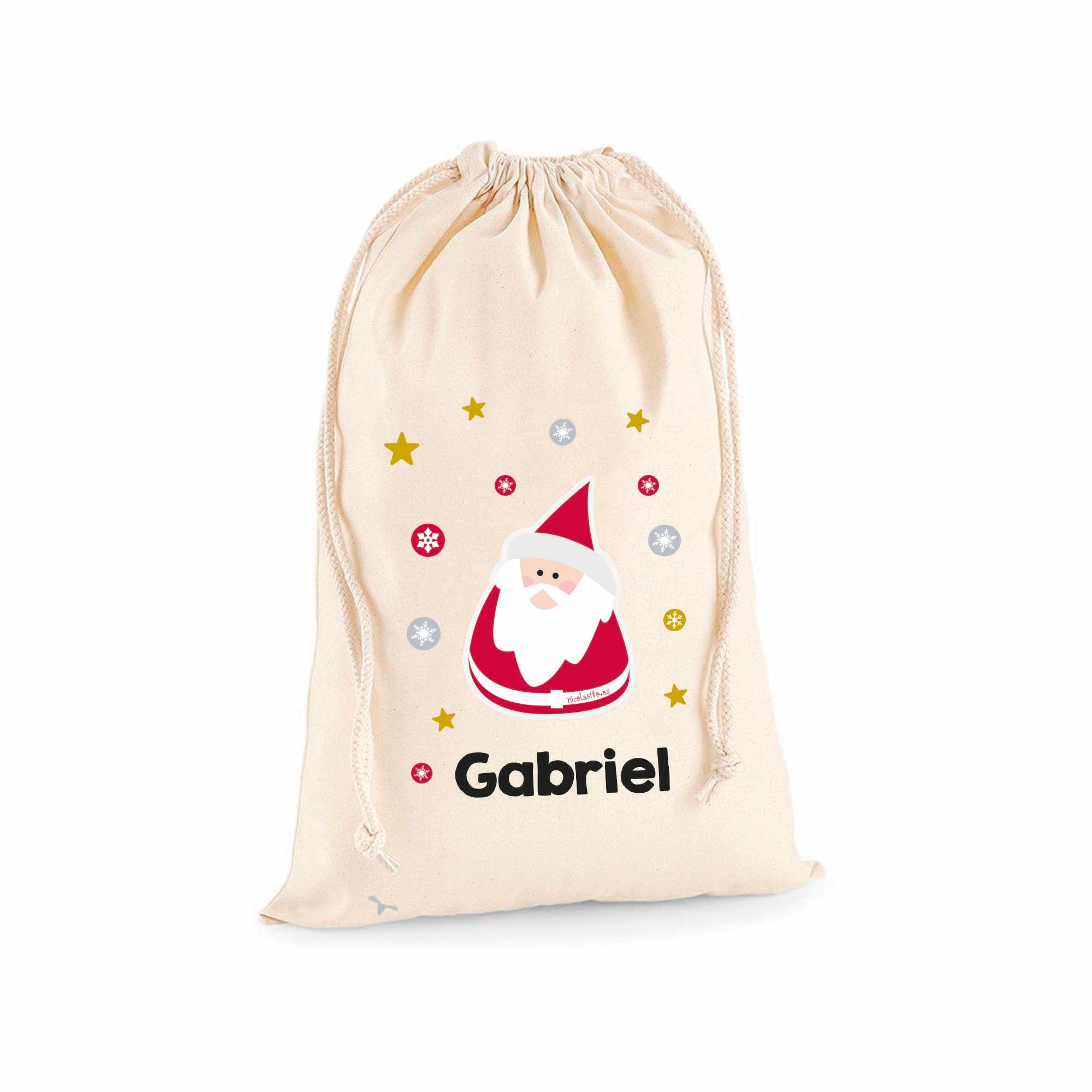 Detalle del saco de Navidad Papá Noel personalizado mostrando la textura del material y el nombre grabado, regalo navideño original - Nicolasito.es