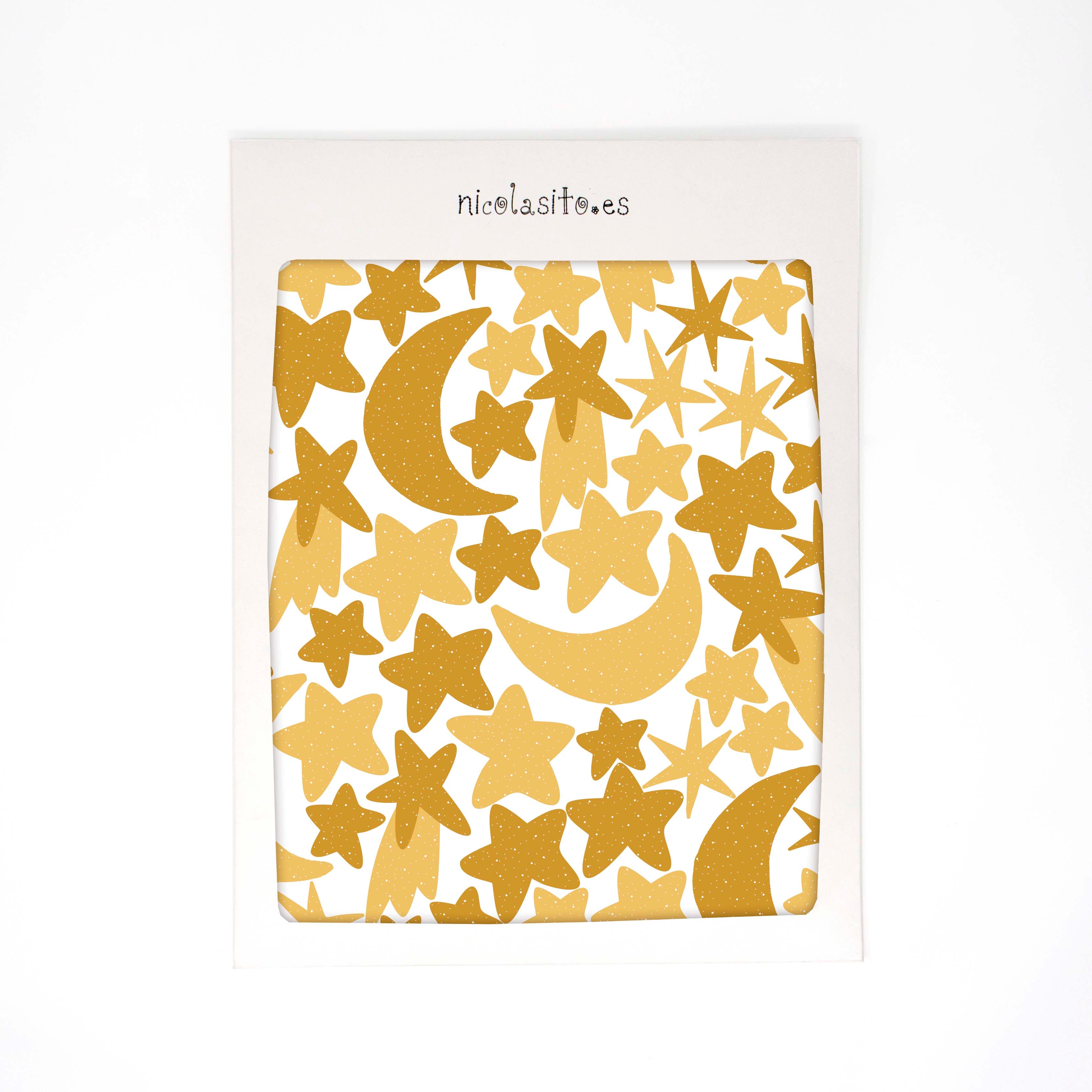 Packaging del vinilo decorativo de 64 figuras en forma de estrellas y lunas en color amarillo - Nicolasito.es #color_estrellas-y-lunas-arena