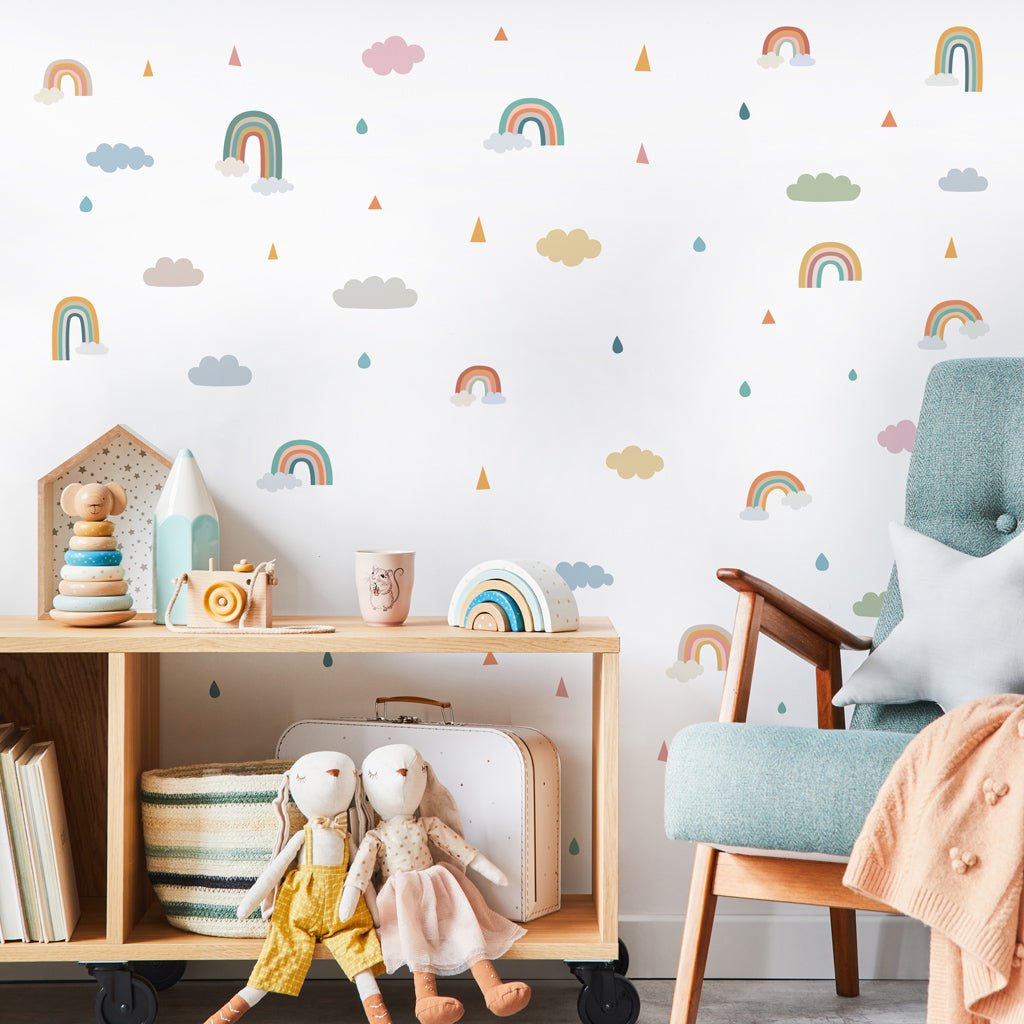 Decoración pared niños vinilos removibles arcoíris y nubes. Pegatinas de pared infantiles fáciles de aplicar y quitar arcoíris- Nicolasito.es