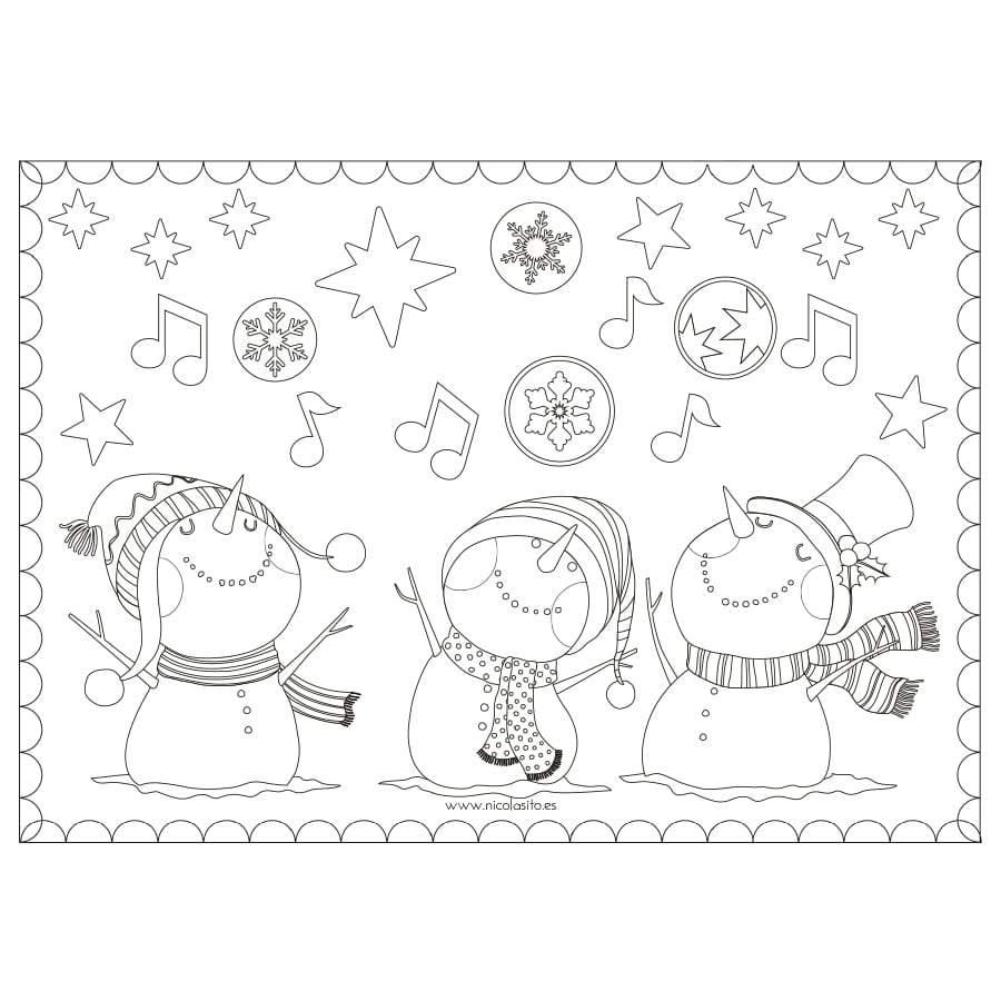 Detalle del diseño del dibujo para colorear Muñecos de Nieve, descargable gratuito con ilustración navideña ideal para actividades infantiles - Nicolasito.es