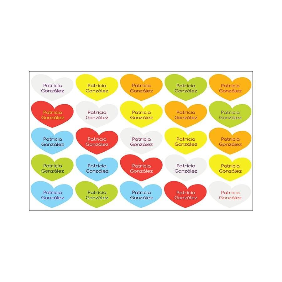 Pack de 25 etiquetas personalizadas para marcar la ropa de los niños. Con diseño de corazones de varios colores y termoadhesivas para aplicarlas fácilmente - Nicolasito.es #color_Multicolor