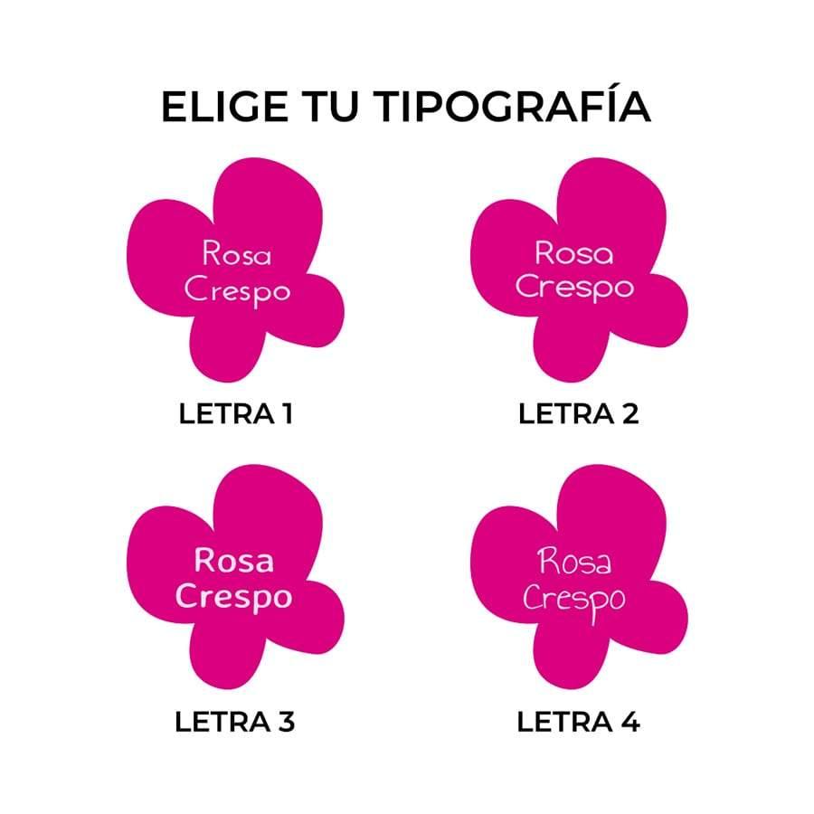 Ejemplo de las 4 tipografías que se pueden elegir al personalizar las etiquetas termoadhesivas de ropa con diseño de mariposas; cada set incluye 24 pegatinas resistentes a lavadoras, secadoras y uso diario - Nicolasito.es